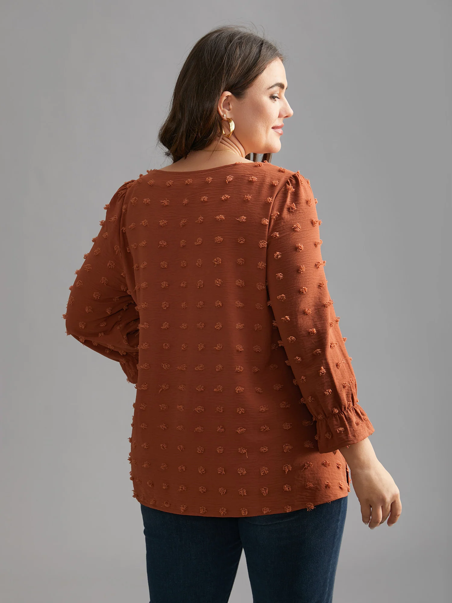 Textured Balloon Sleeves Round Neck Blouse - Image 5