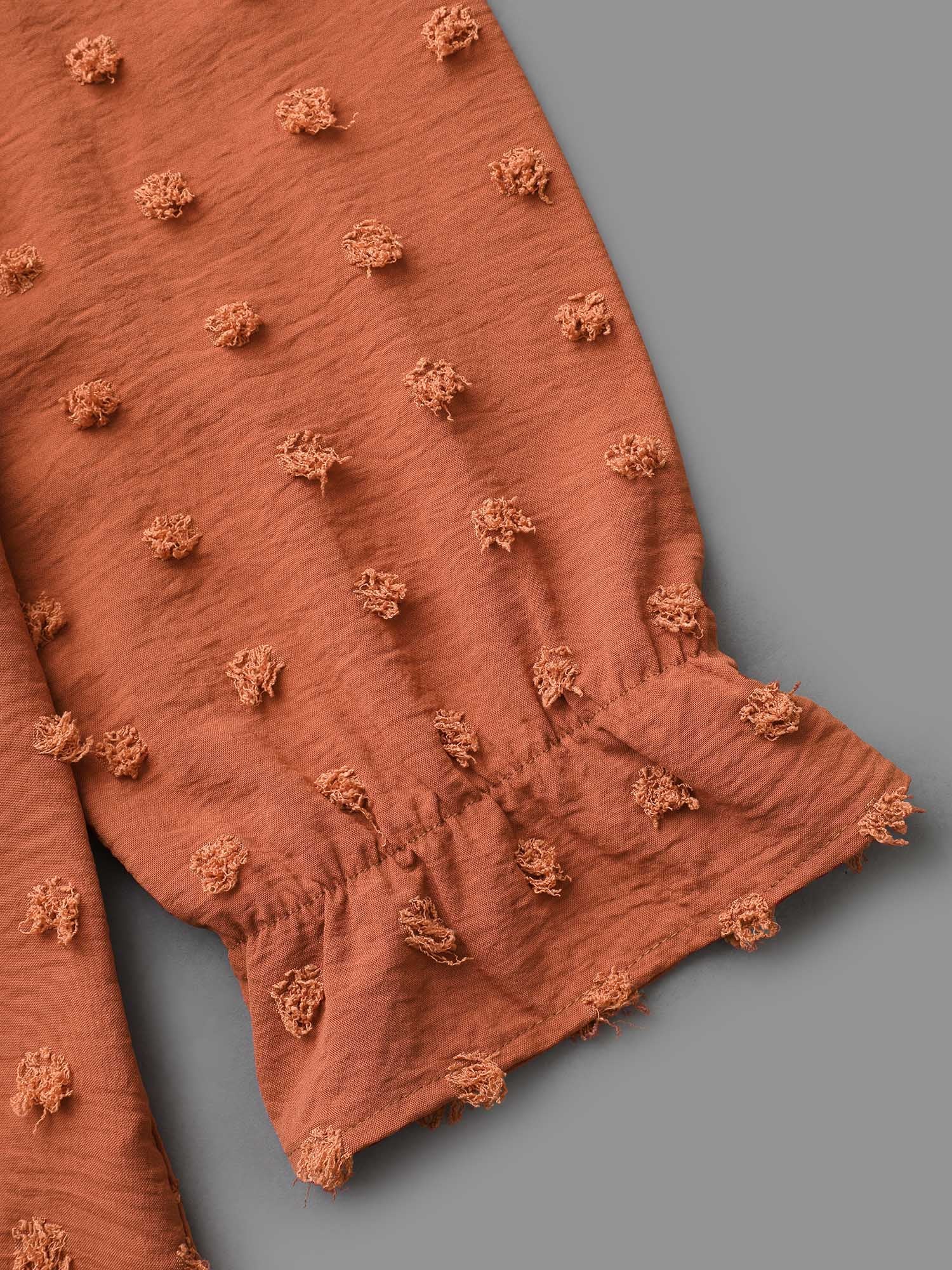 Textured Balloon Sleeves Round Neck Blouse - Image 6