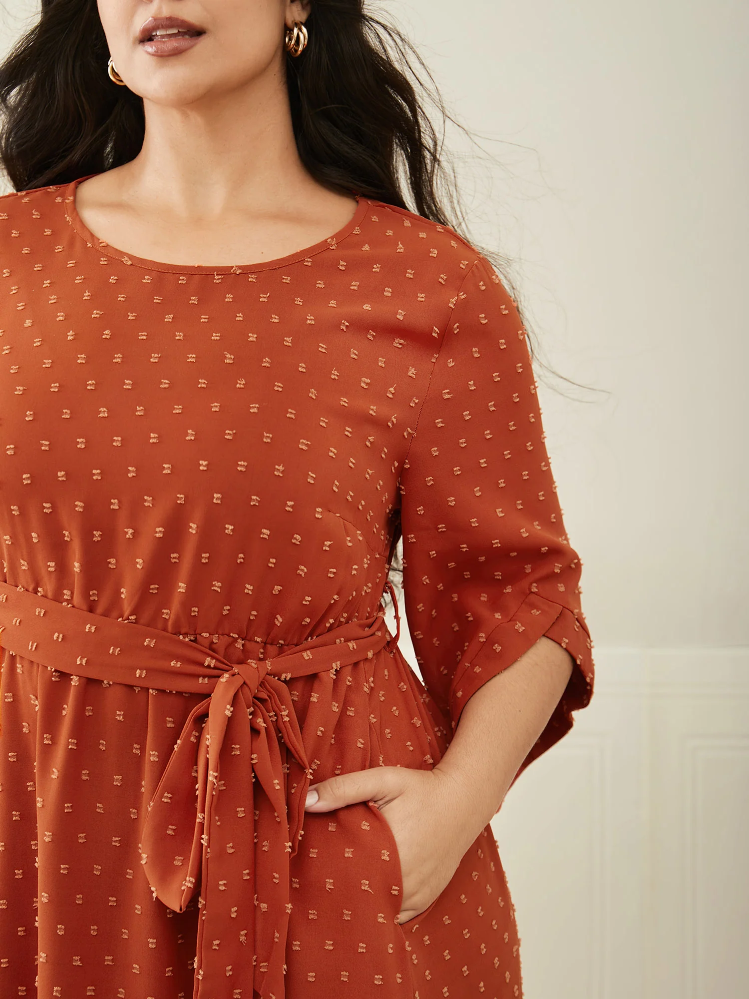Textured Bell Sleeve Belted Arc Hem Dress - Image 2