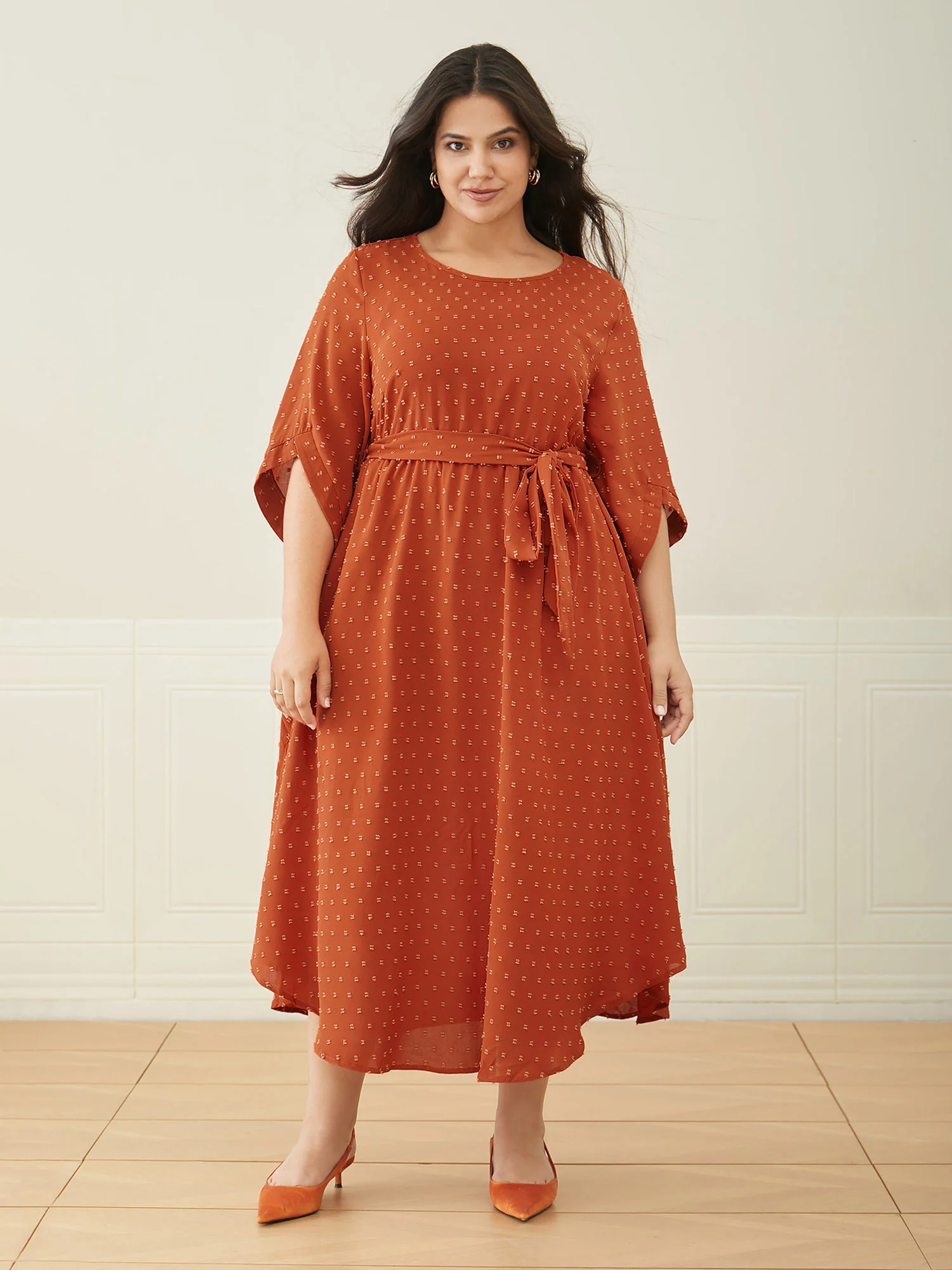 Textured Bell Sleeve Belted Arc Hem Dress - Image 3