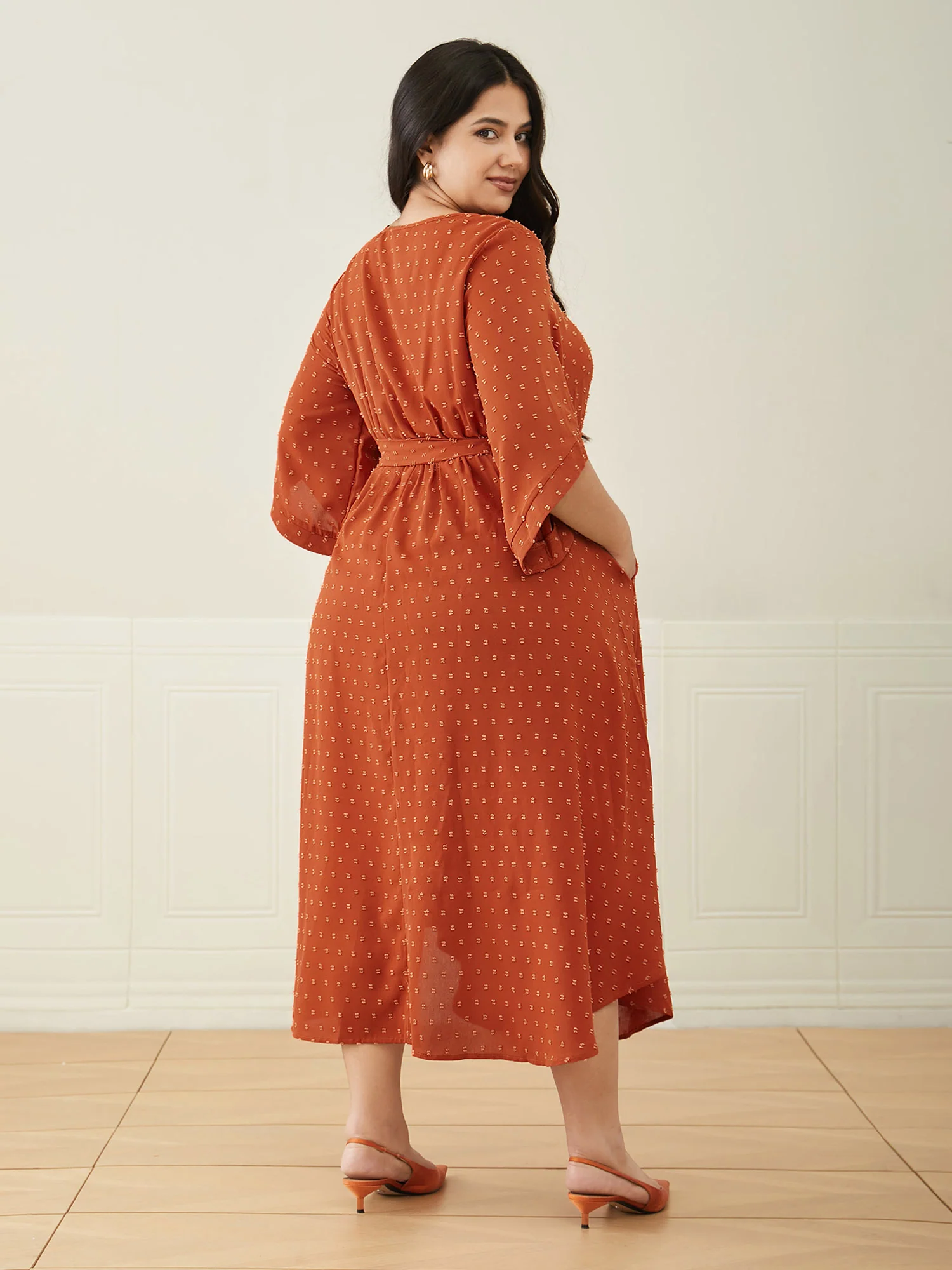 Textured Bell Sleeve Belted Arc Hem Dress - Image 4