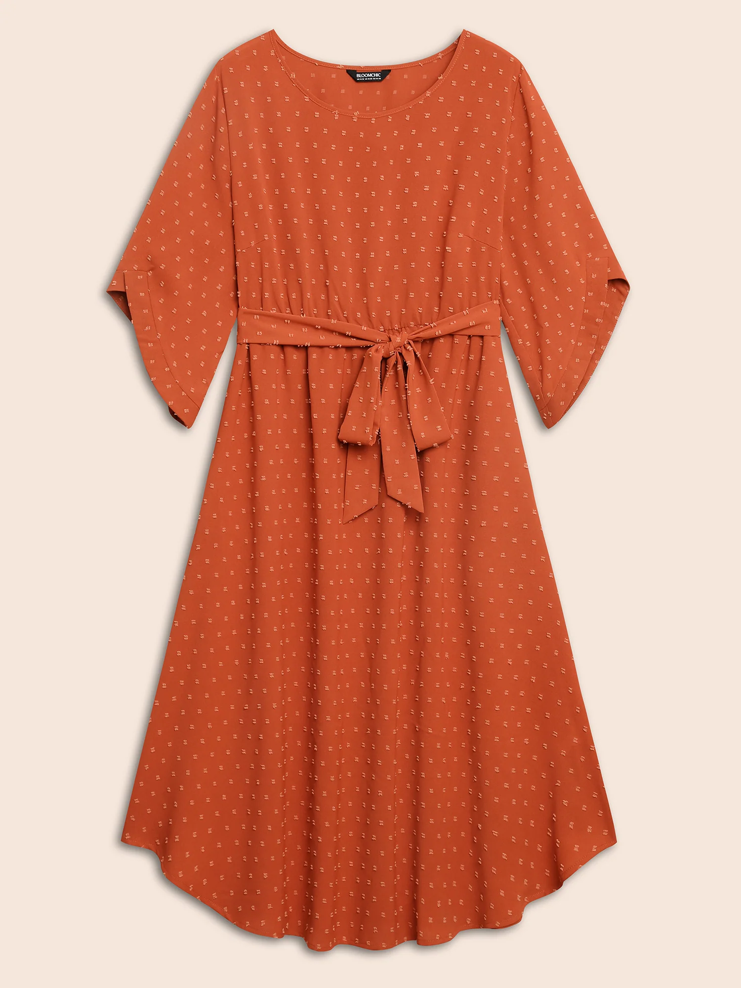 Textured Bell Sleeve Belted Arc Hem Dress - Image 7