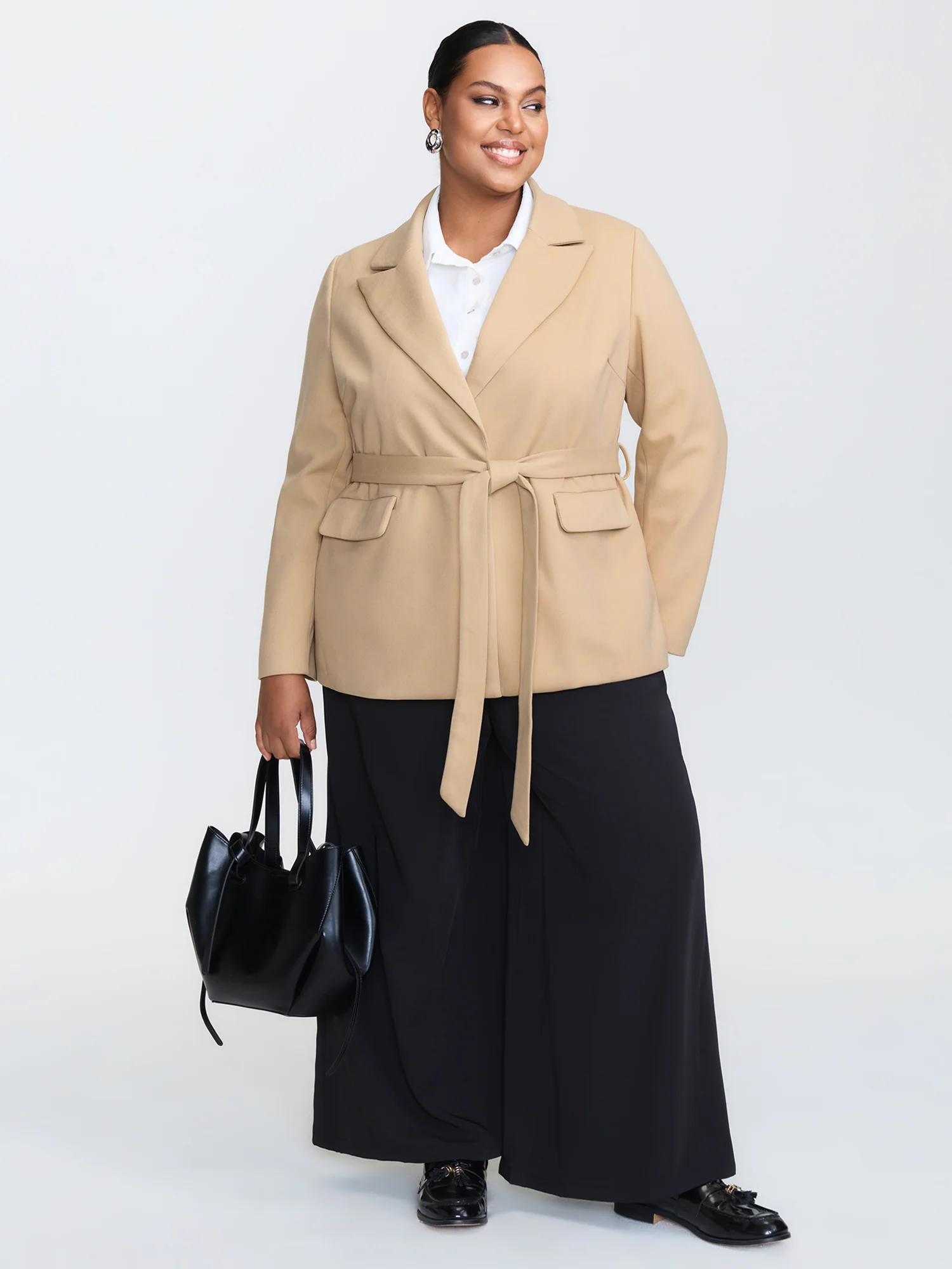 Textured Belted Plain Blazer - Image 2
