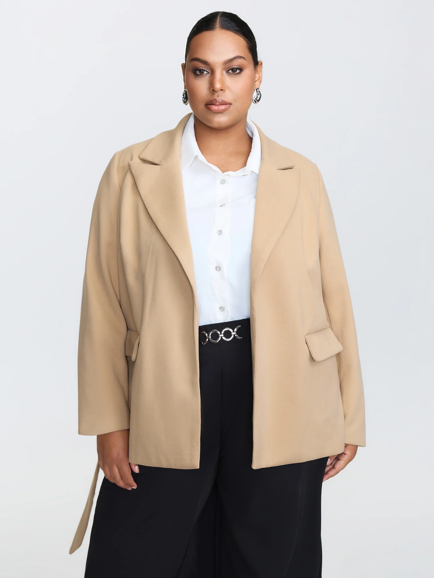 Textured Belted Plain Blazer - Image 3