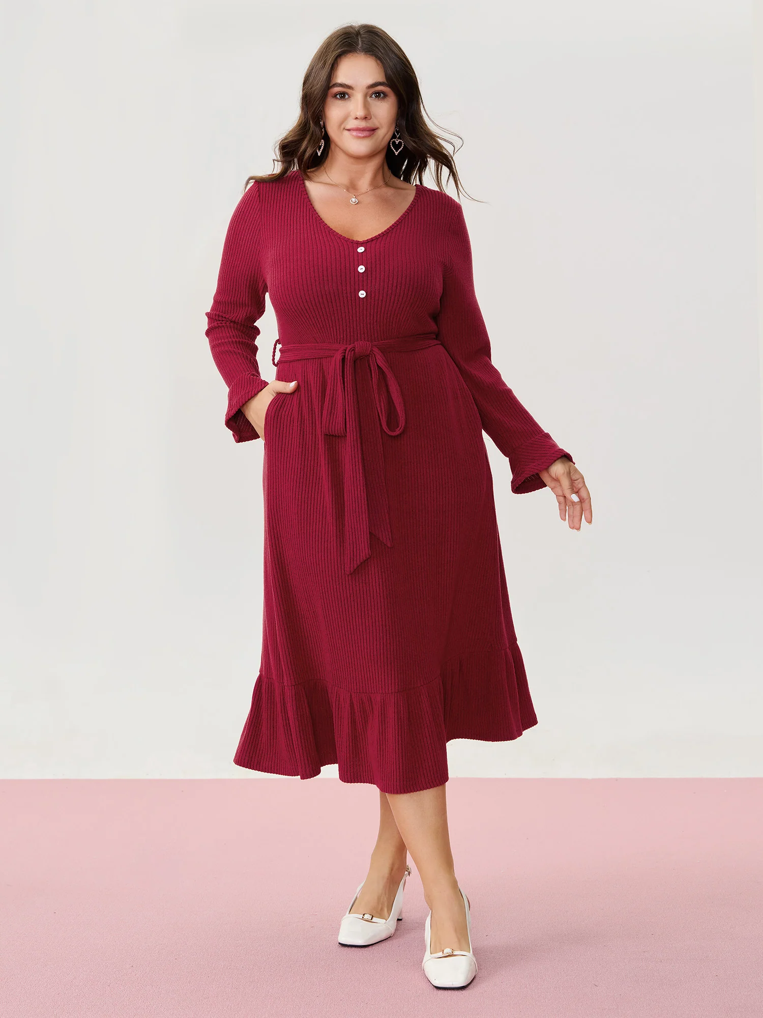 Textured Belted Waist Button Midi Dress - Image 2