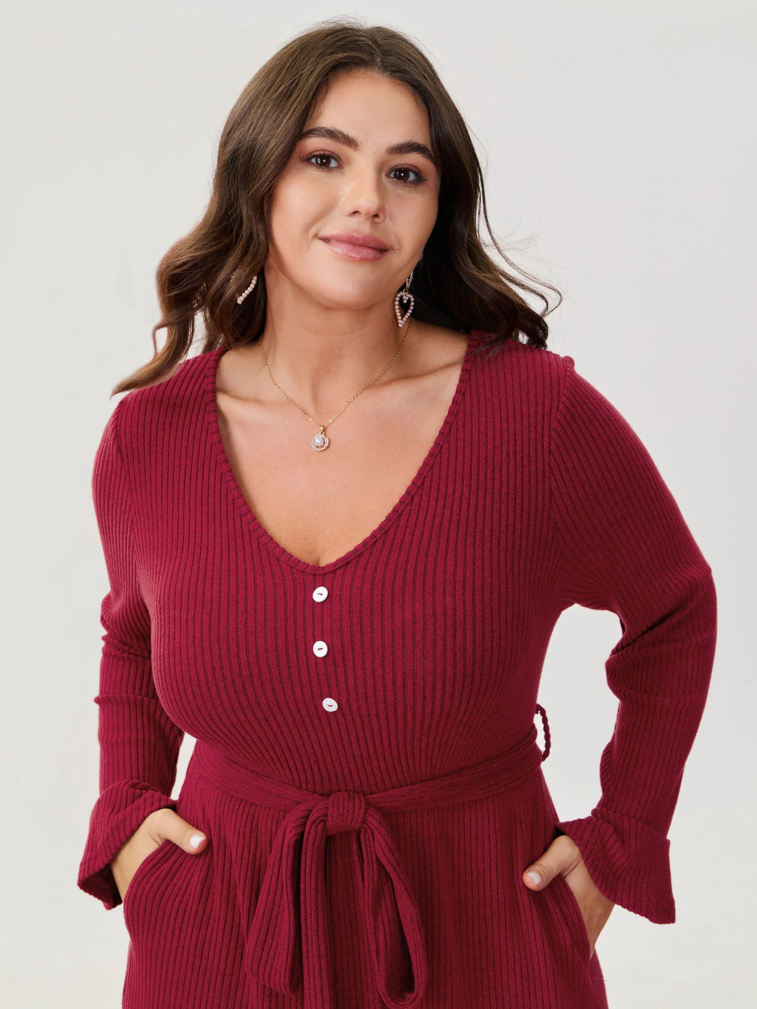 Textured Belted Waist Button Midi Dress - Image 3