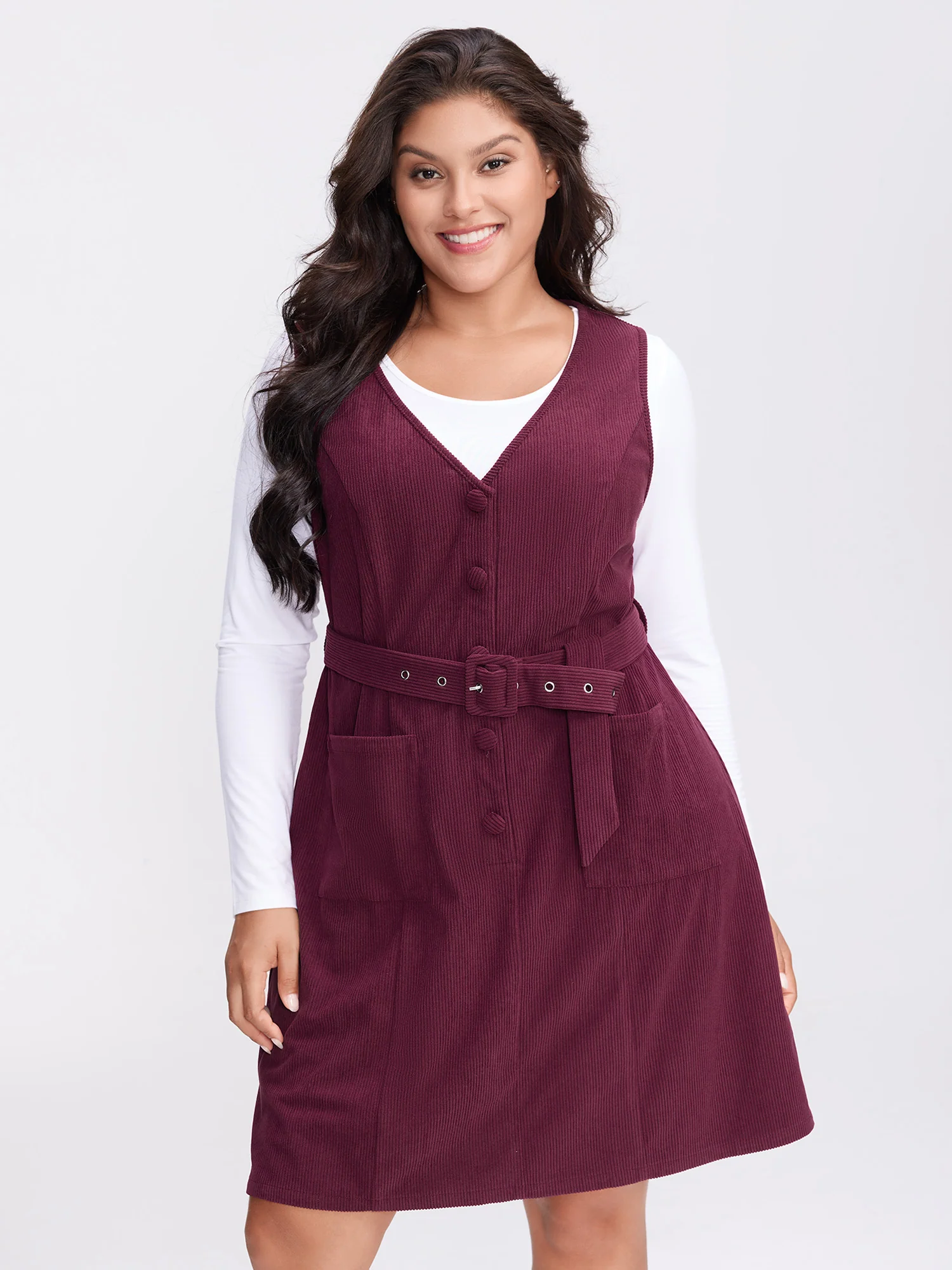 Textured Belted Waist Sleeveless Knee-Length Dress - Image 2