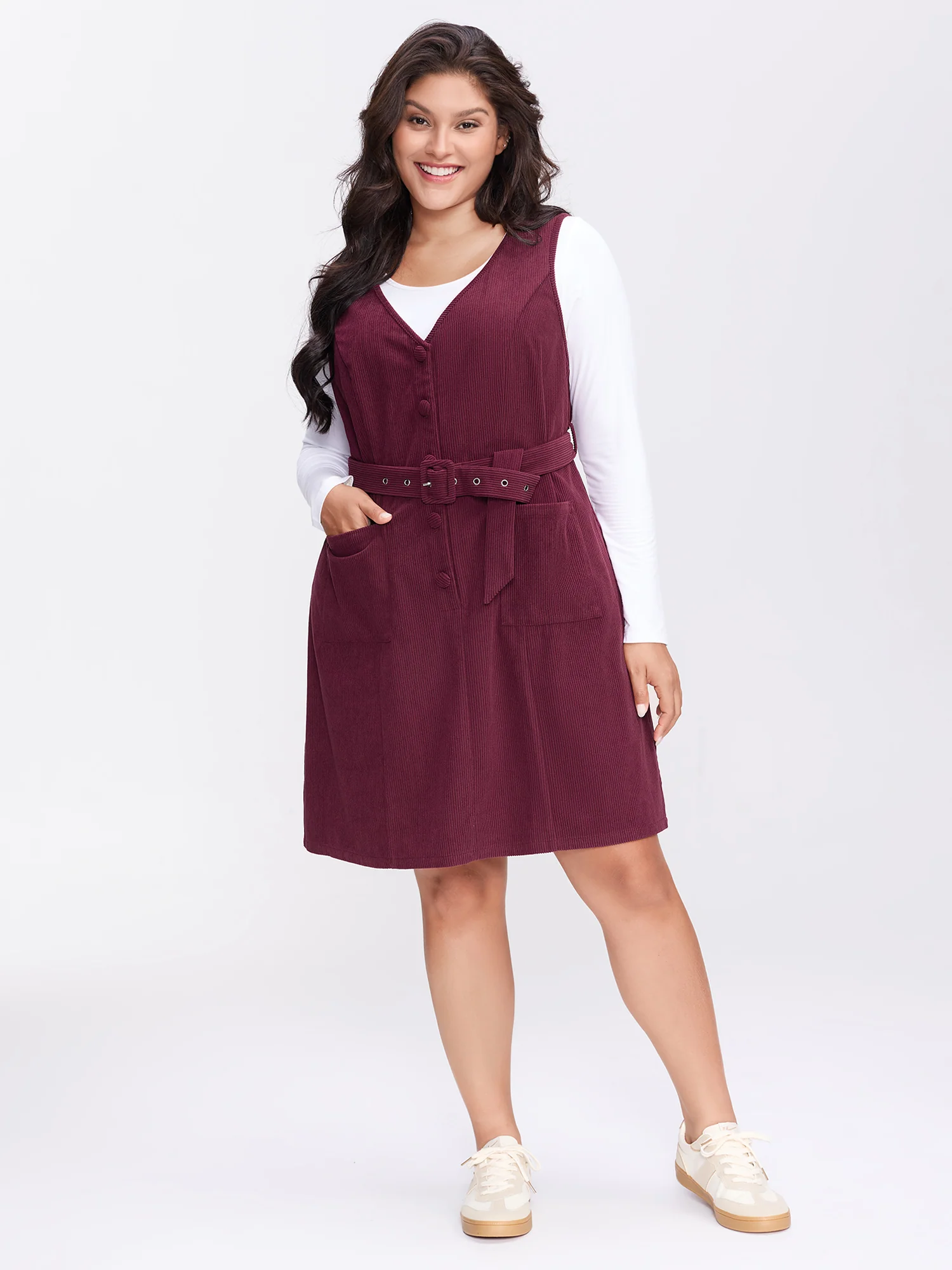 Textured Belted Waist Sleeveless Knee-Length Dress - Image 3