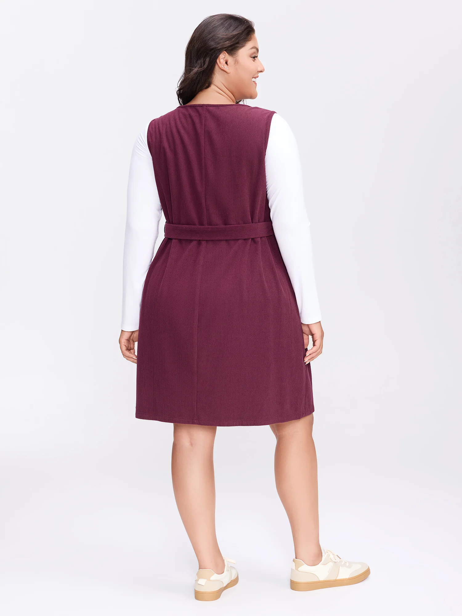 Textured Belted Waist Sleeveless Knee-Length Dress - Image 4