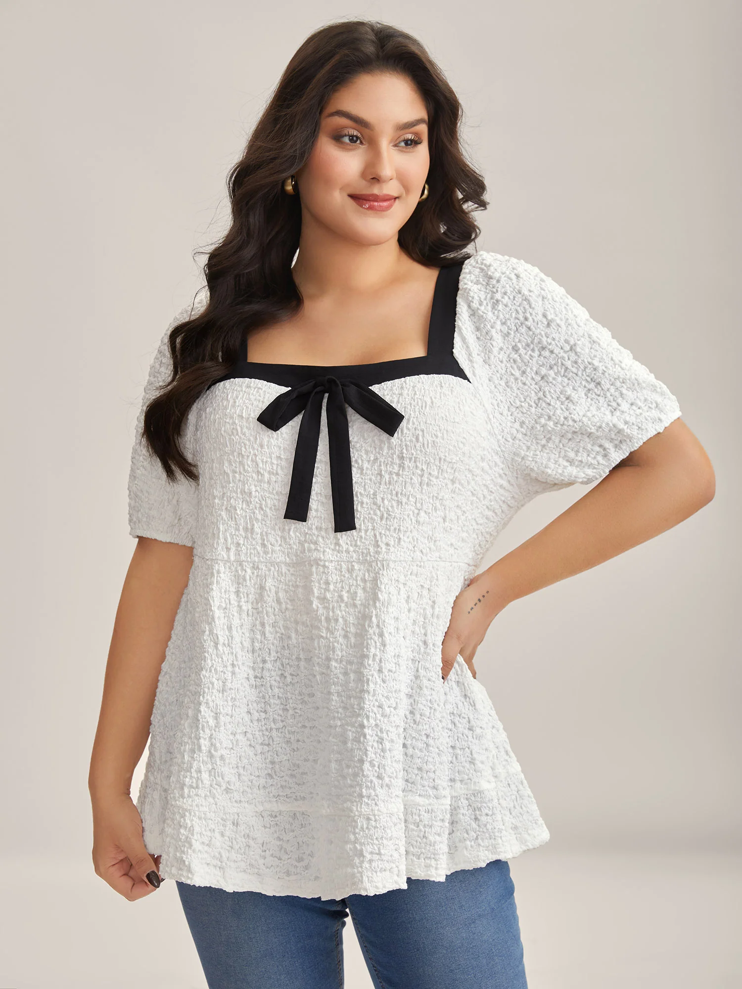 Textured Bow-Tie Color Contrast Top - Image 2