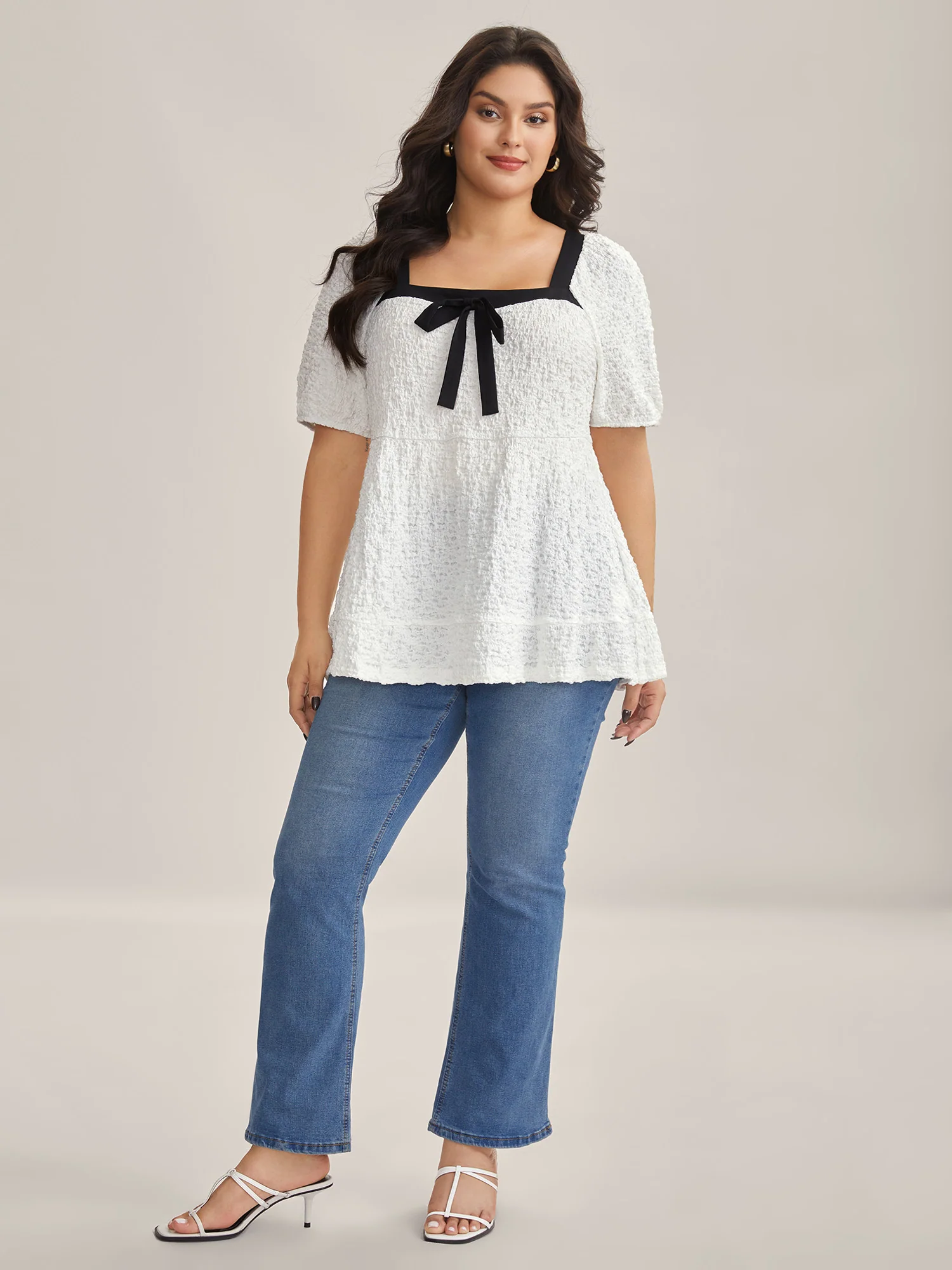 Textured Bow-Tie Color Contrast Top - Image 3