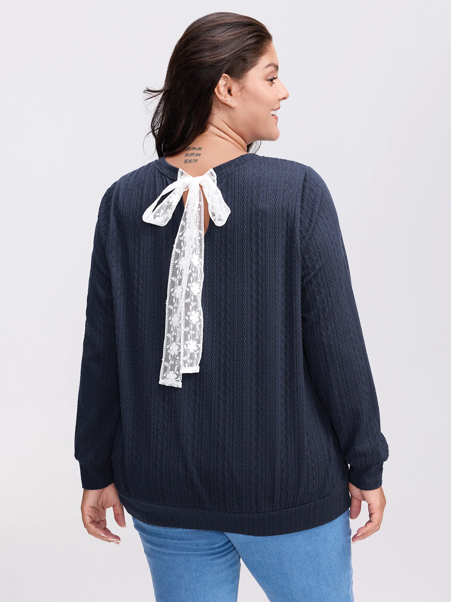 Textured Bowknot Color Contrast Sweatshirt - Image 4