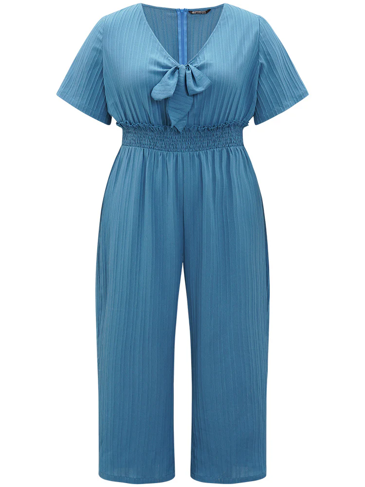 Textured Bowknot V Neck Shirred Pocket Jumpsuit - Image 10