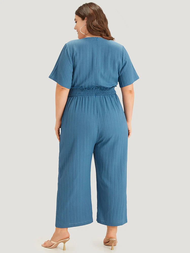 Textured Bowknot V Neck Shirred Pocket Jumpsuit - Image 2