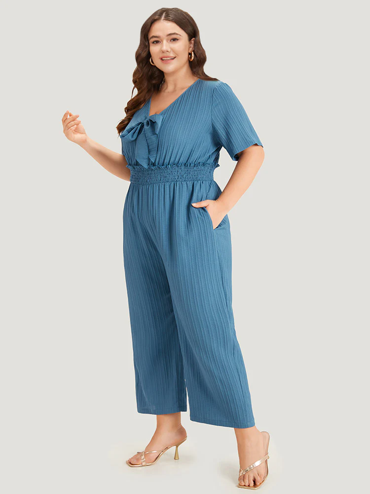 Textured Bowknot V Neck Shirred Pocket Jumpsuit - Image 3