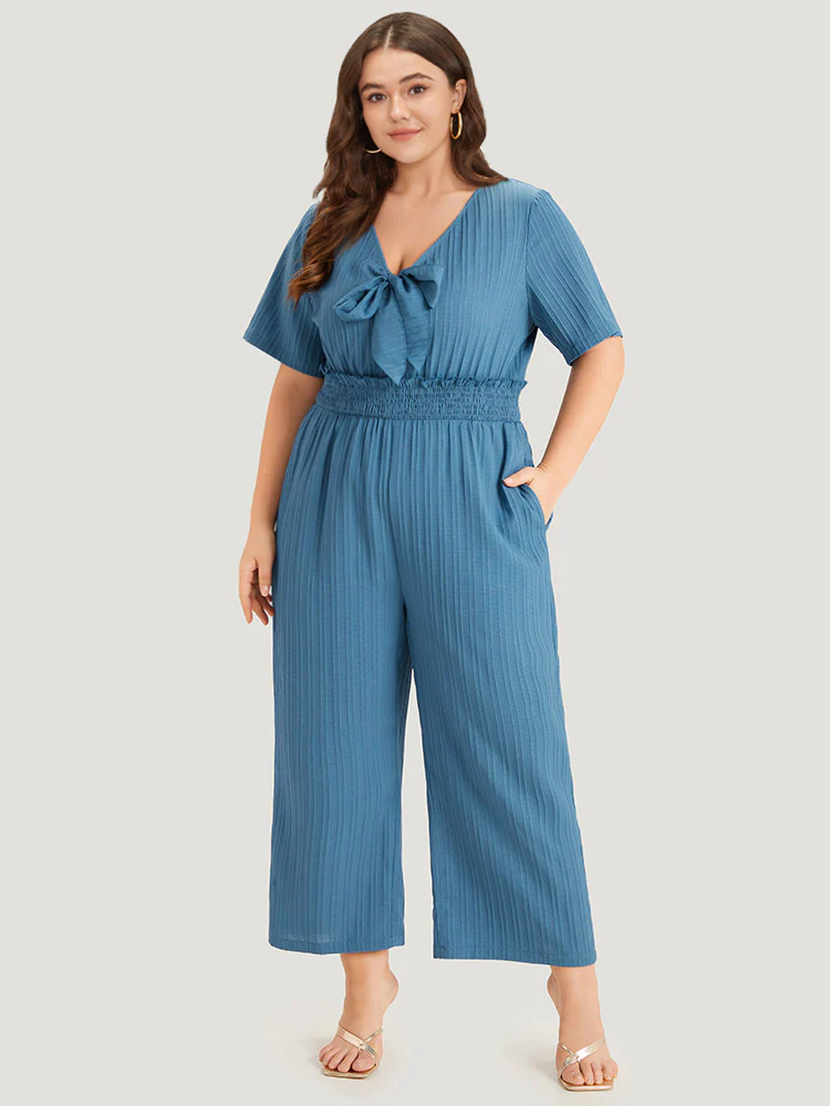 Textured Bowknot V Neck Shirred Pocket Jumpsuit - Image 4