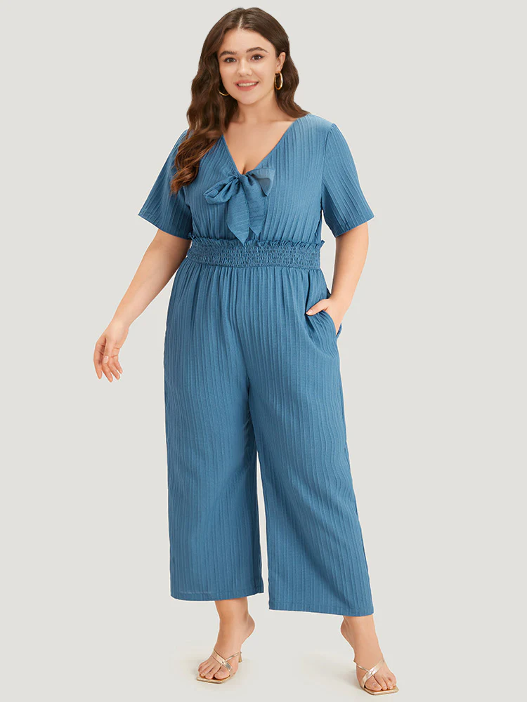Textured Bowknot V Neck Shirred Pocket Jumpsuit - Image 5