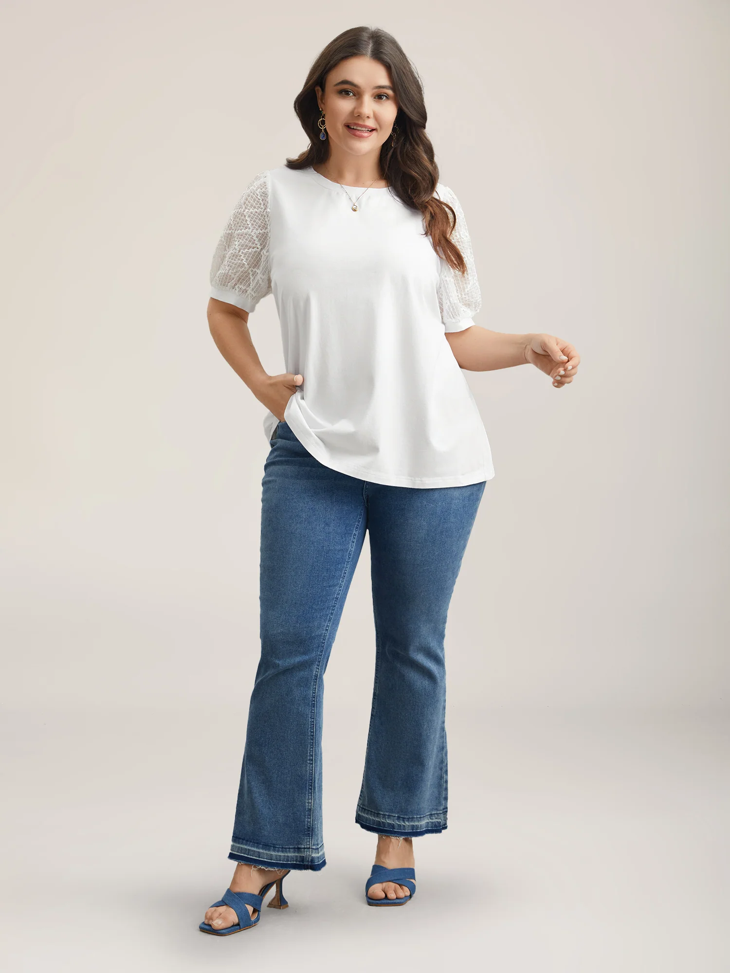 Textured Bubble Lantern Sleeve T-Shirt - Image 4