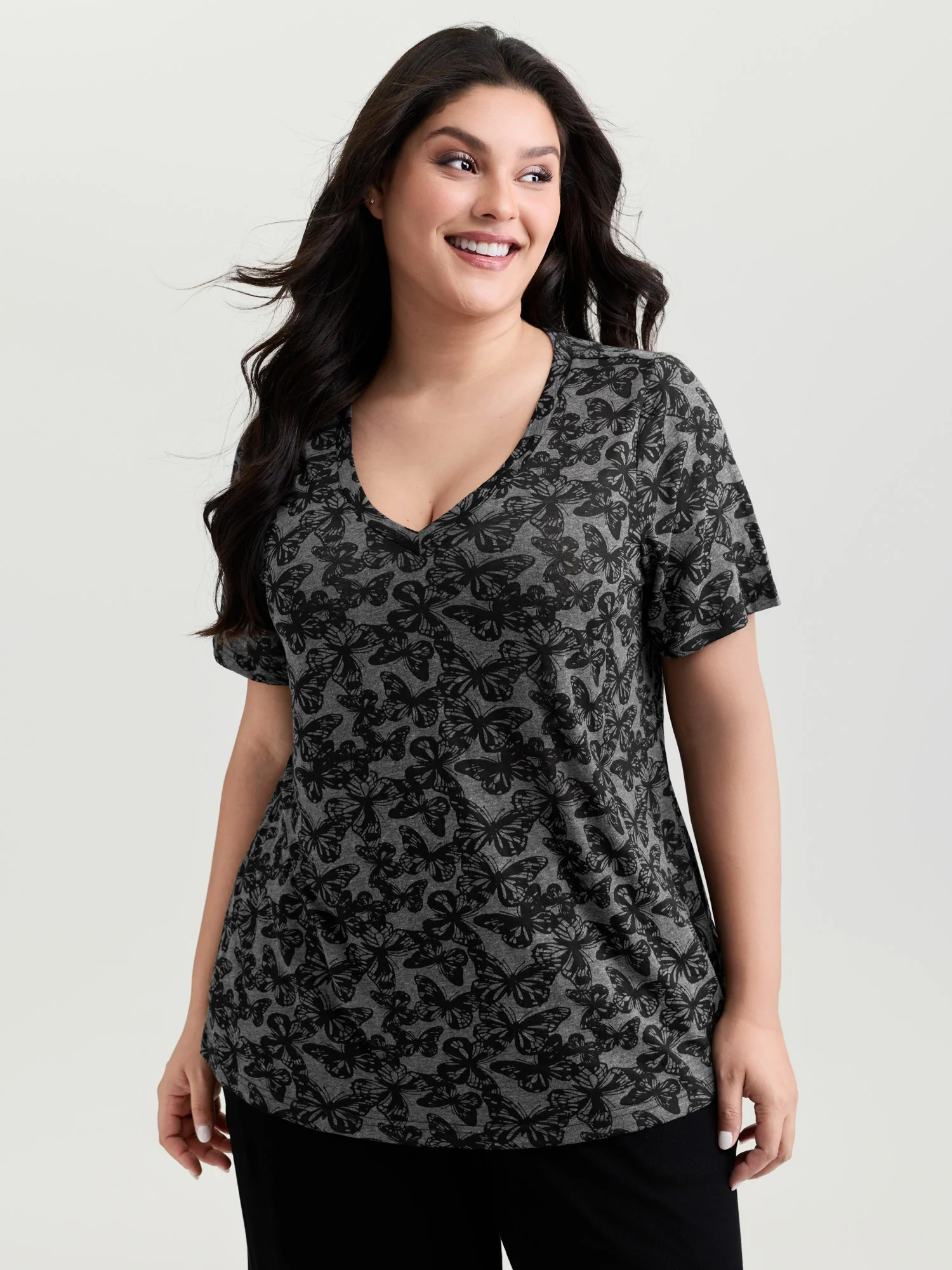 Textured Butterfly Pattern V-Neck T-Shirt