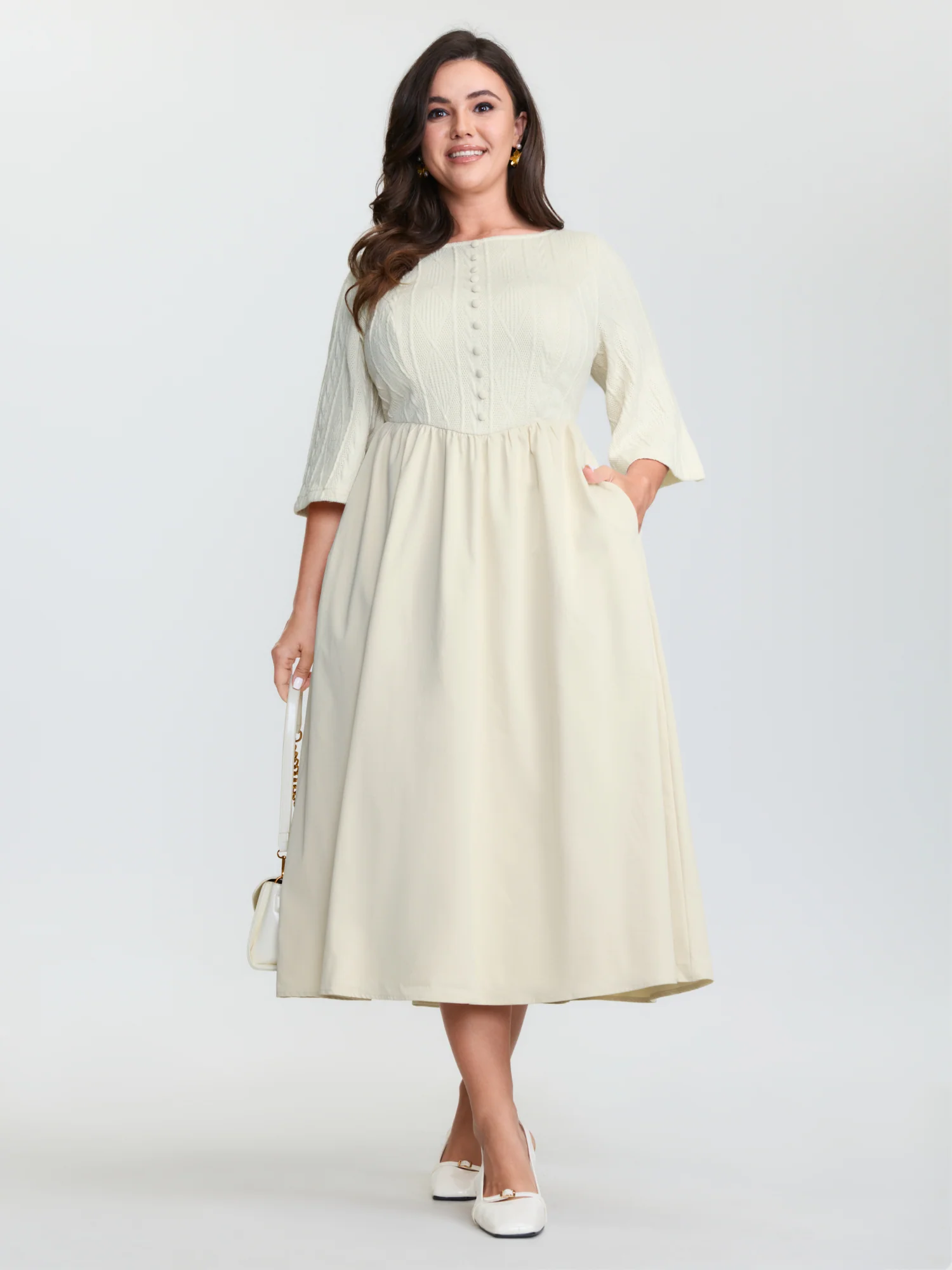 Textured Button Detail Flowy Midi Dress - Image 3