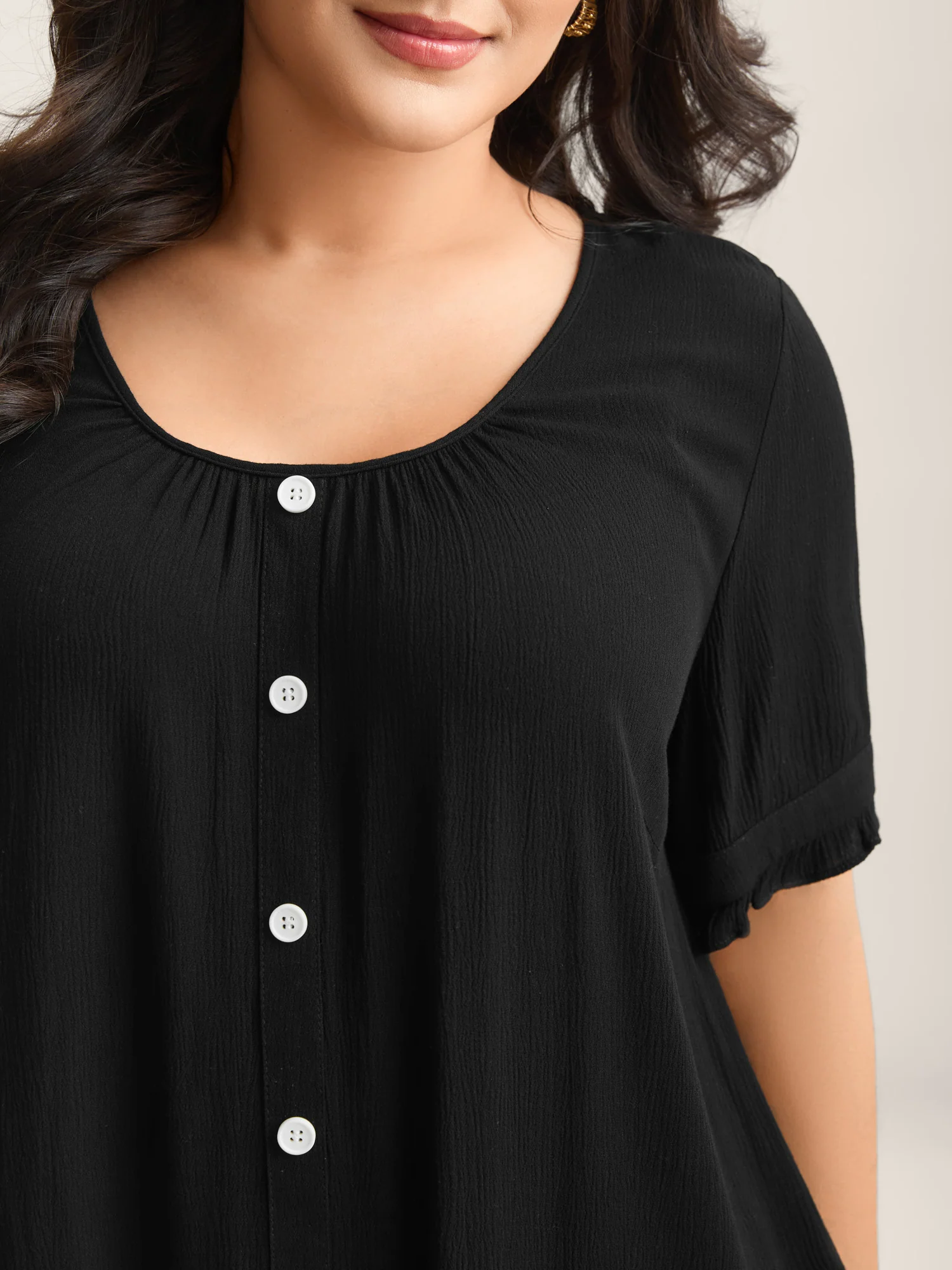Textured Button Detail Pleated Solid Top - Image 2