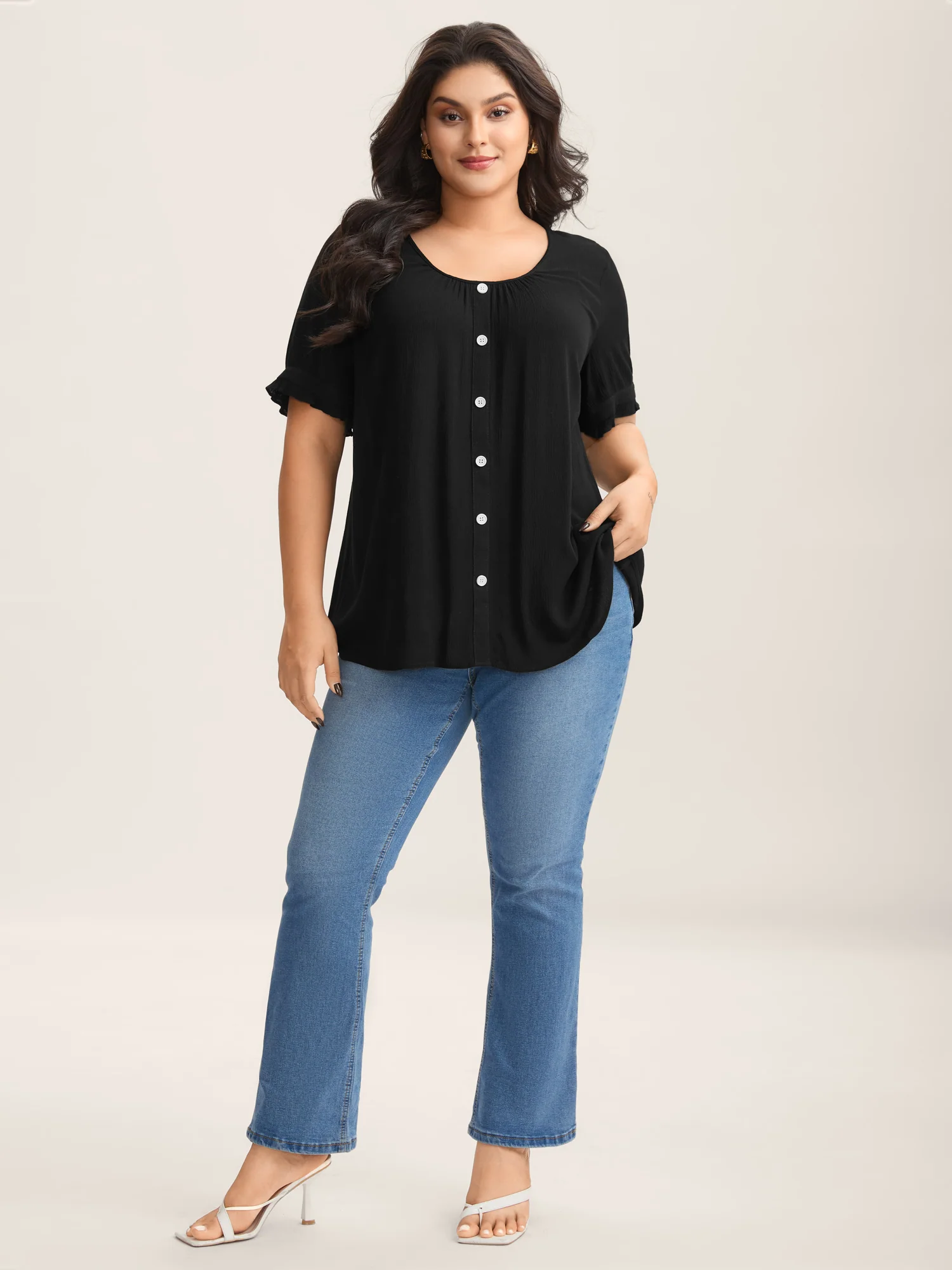 Textured Button Detail Pleated Solid Top - Image 3