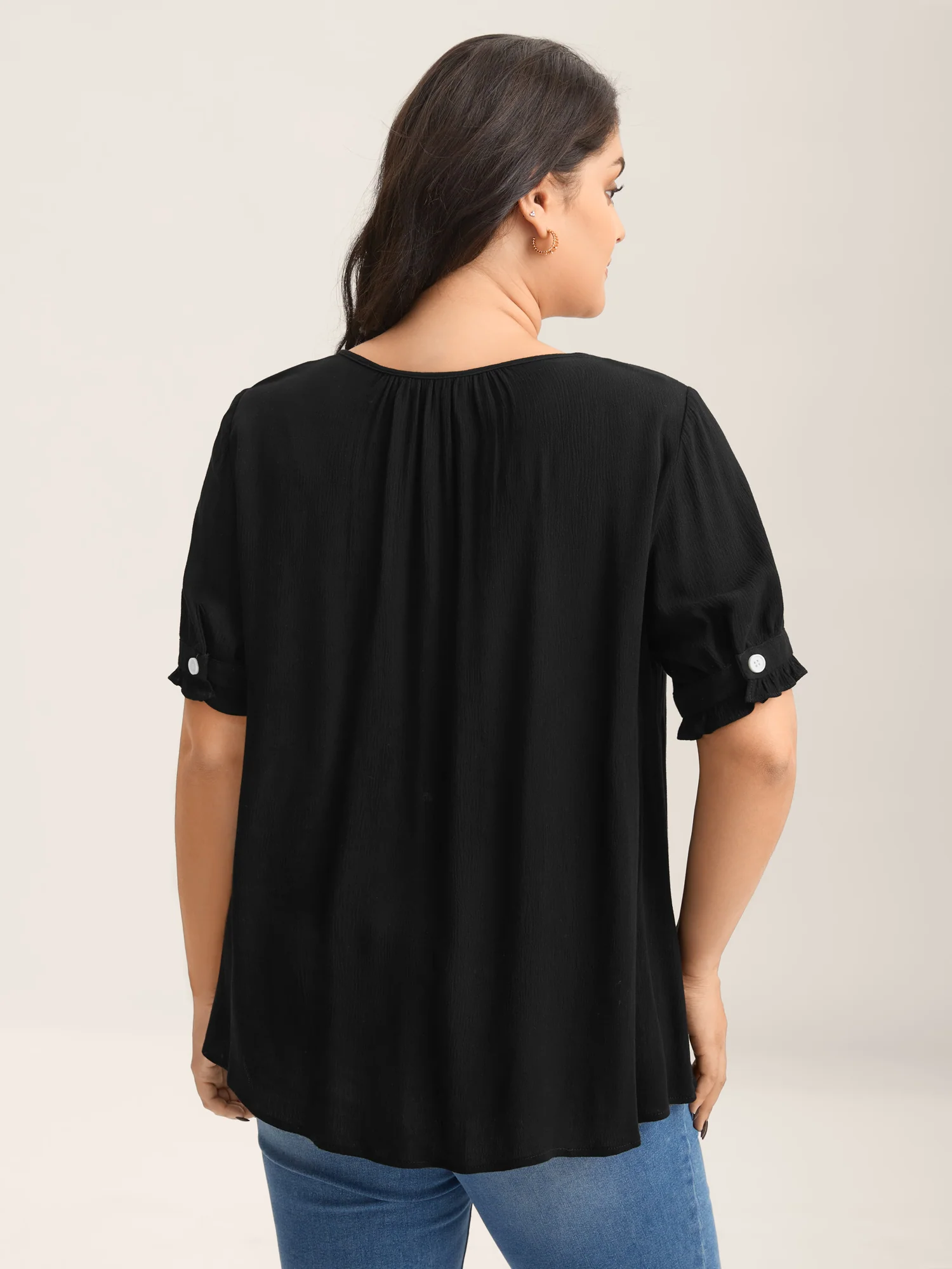 Textured Button Detail Pleated Solid Top - Image 4