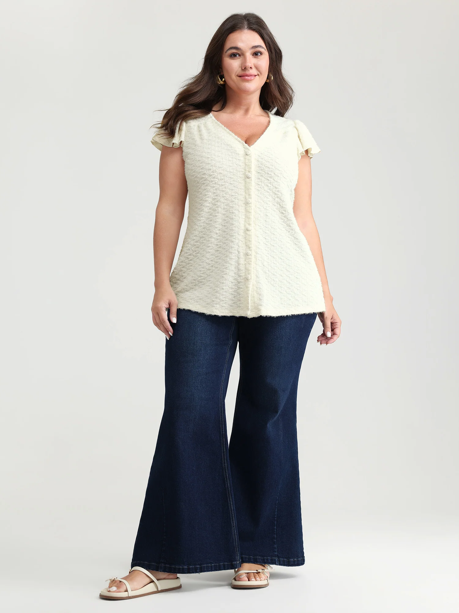 Textured Button Detail Ruffled Sleeve T-Shirt - Image 2