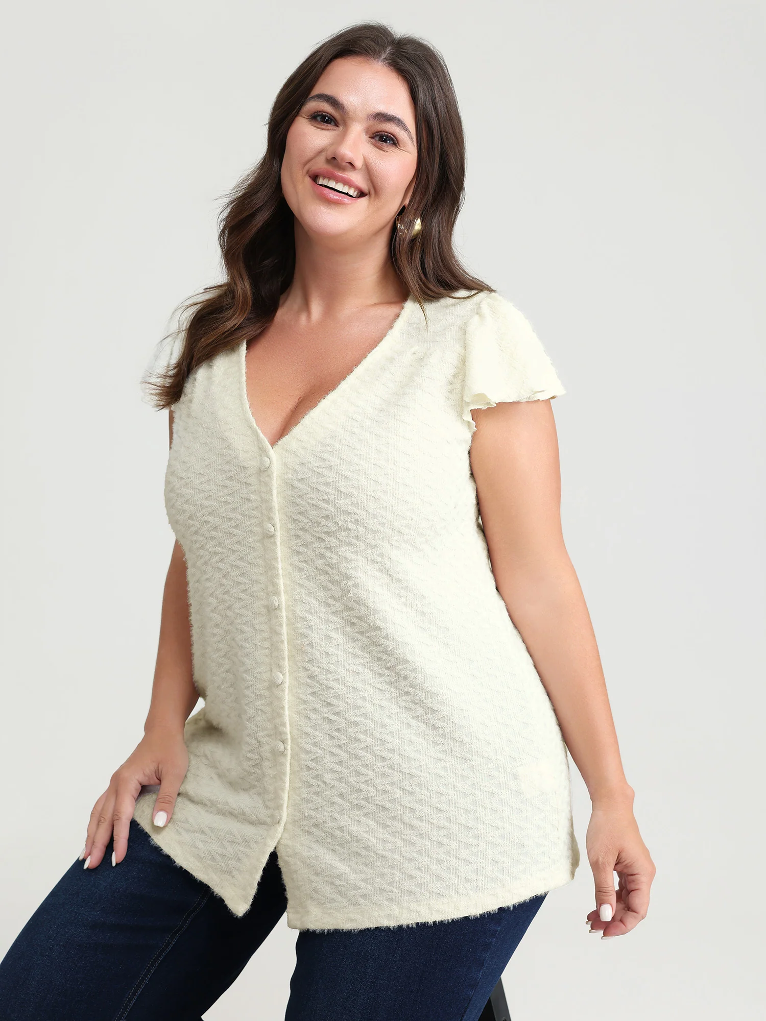 Textured Button Detail Ruffled Sleeve T-Shirt - Image 3