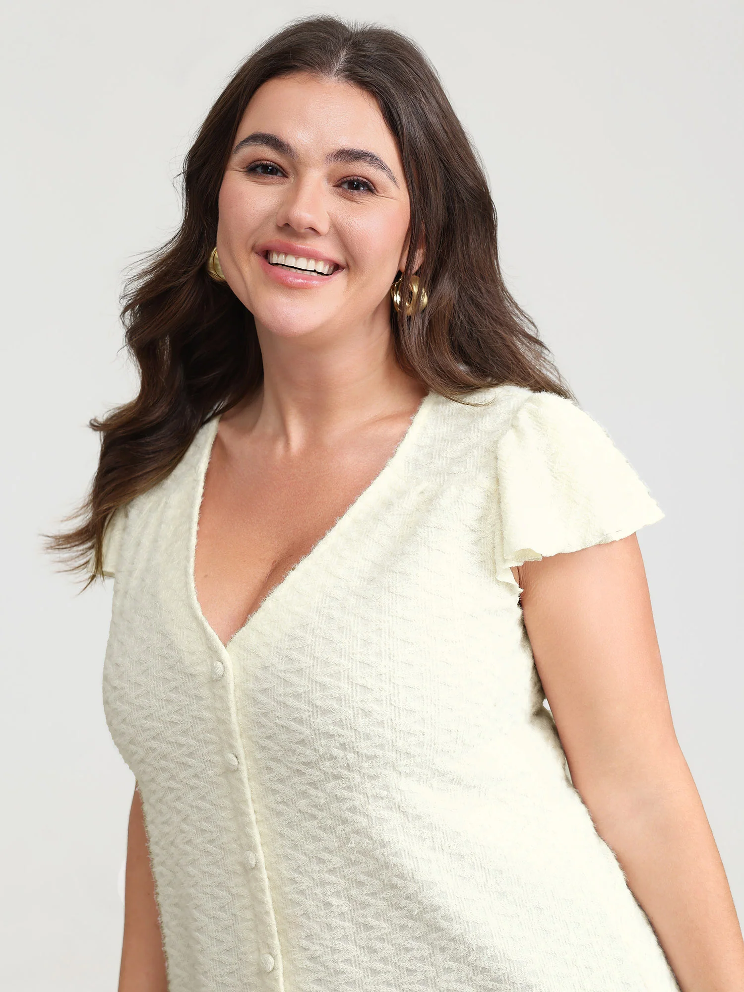 Textured Button Detail Ruffled Sleeve T-Shirt - Image 4