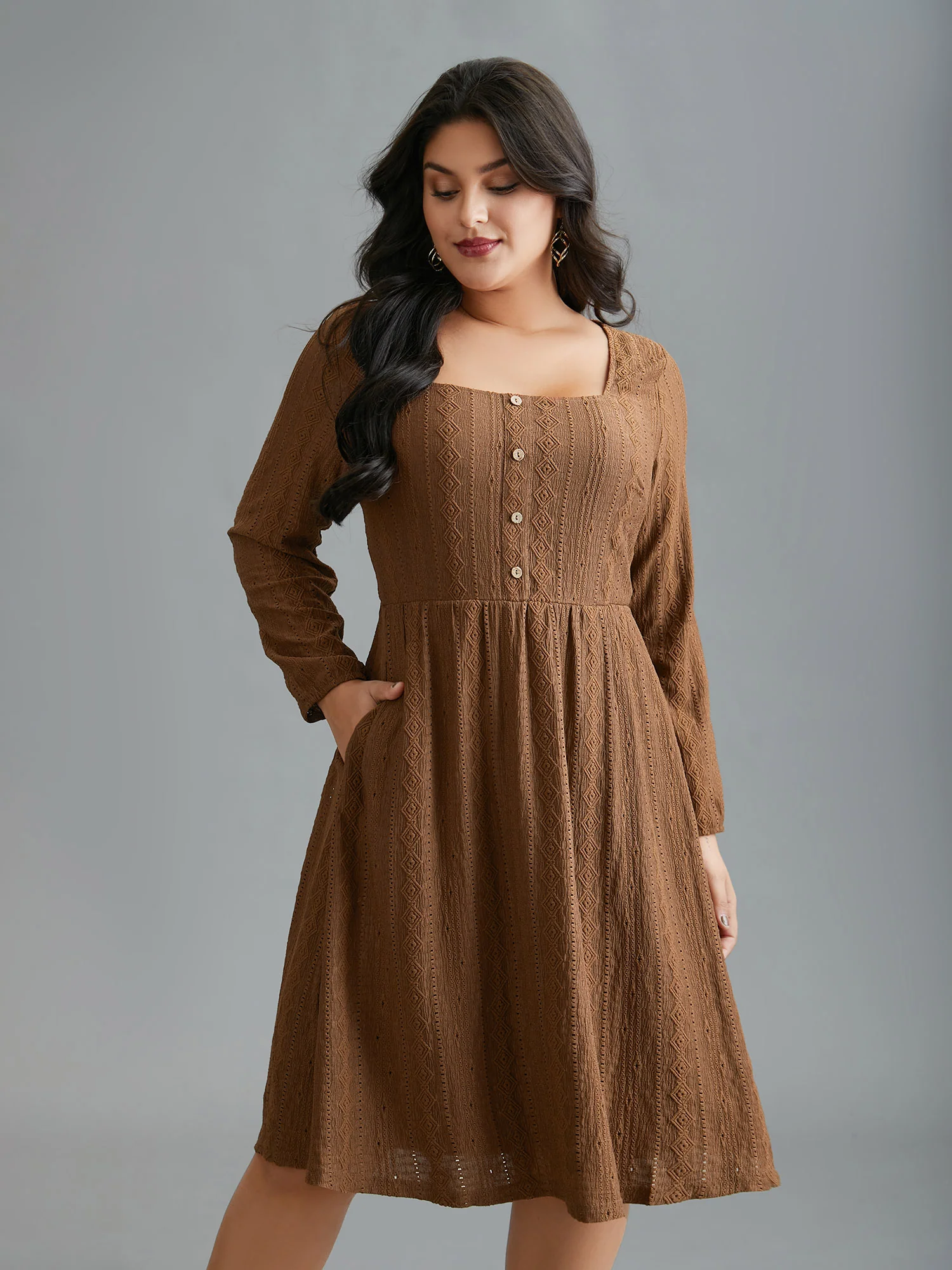 Textured Button Detail Square Neck Knit Dress - Image 2
