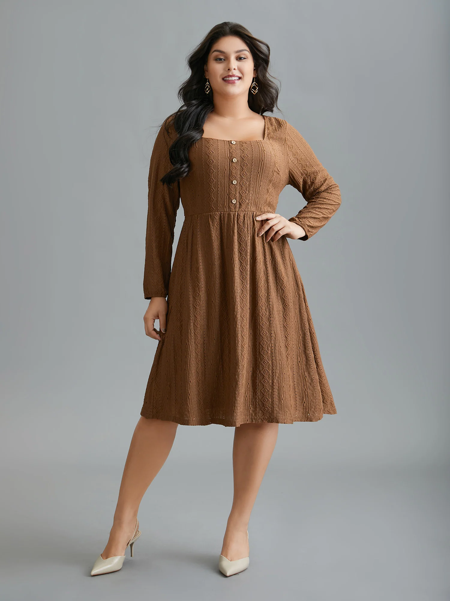 Textured Button Detail Square Neck Knit Dress - Image 3