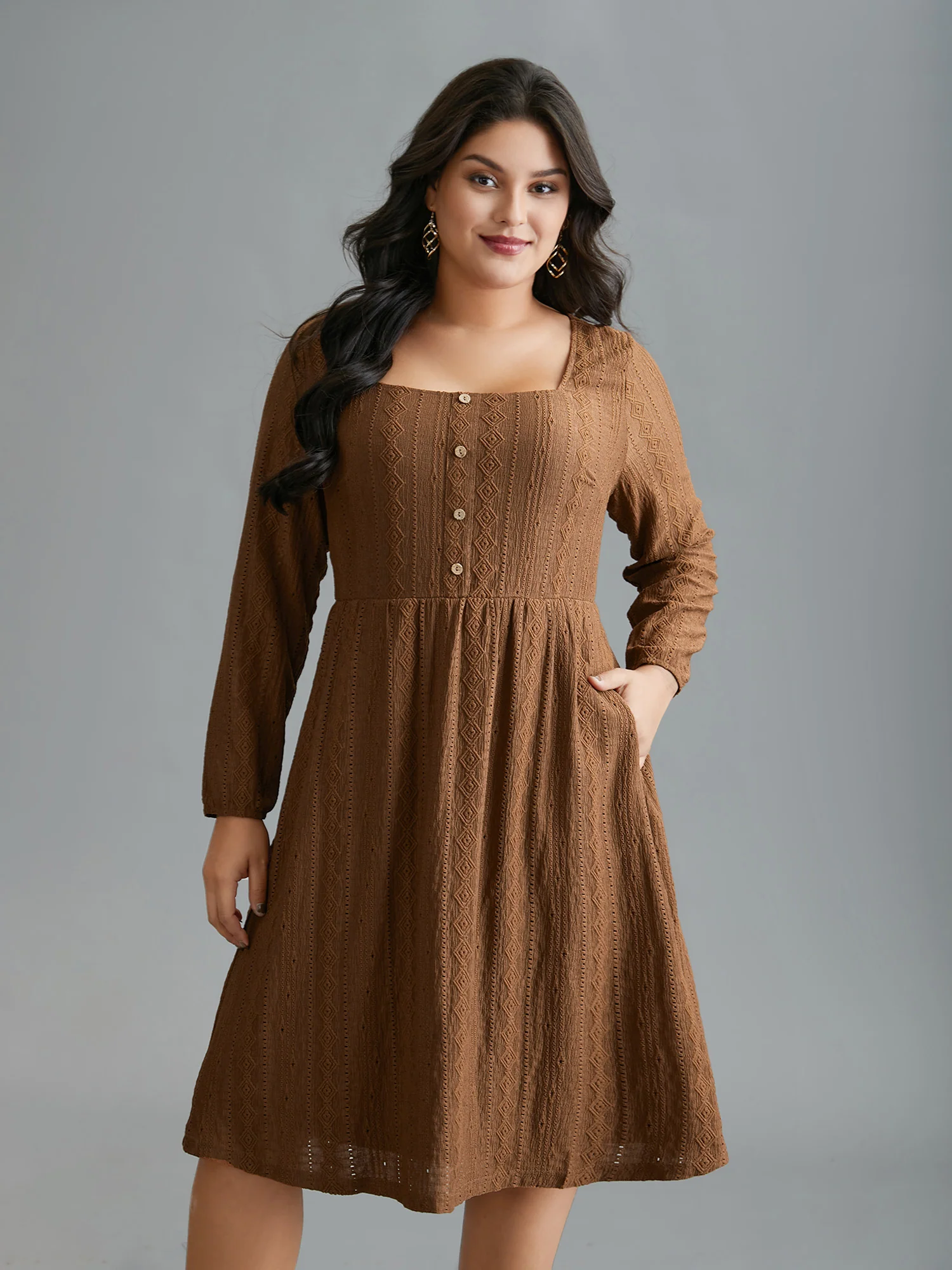 Textured Button Detail Square Neck Knit Dress - Image 4