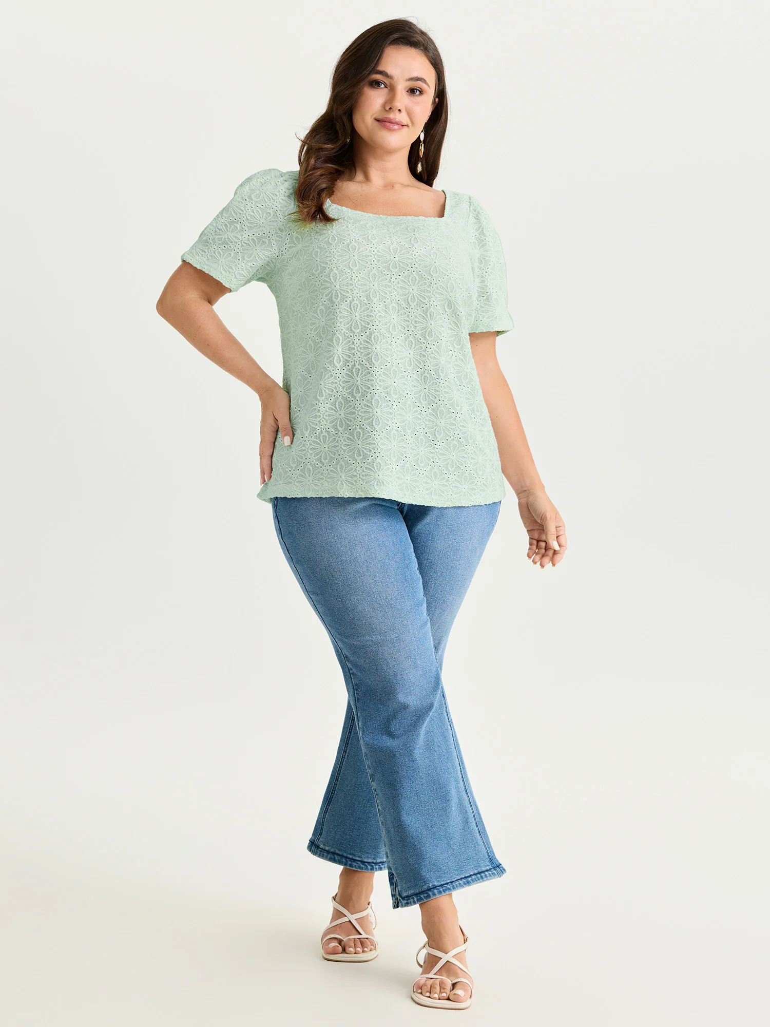 Textured Button Detail Square Neckline Knit Top - Image 3