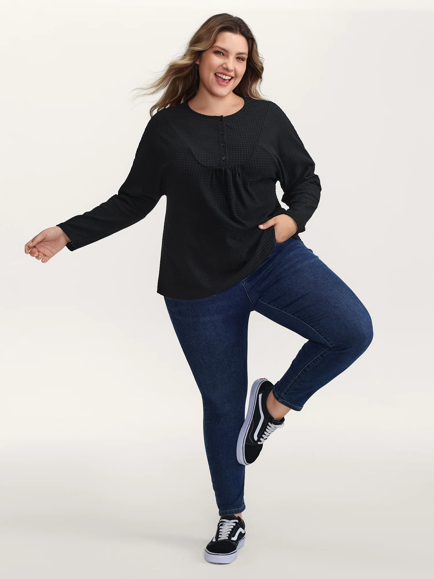 Textured Button Placket Knit Top - Image 3