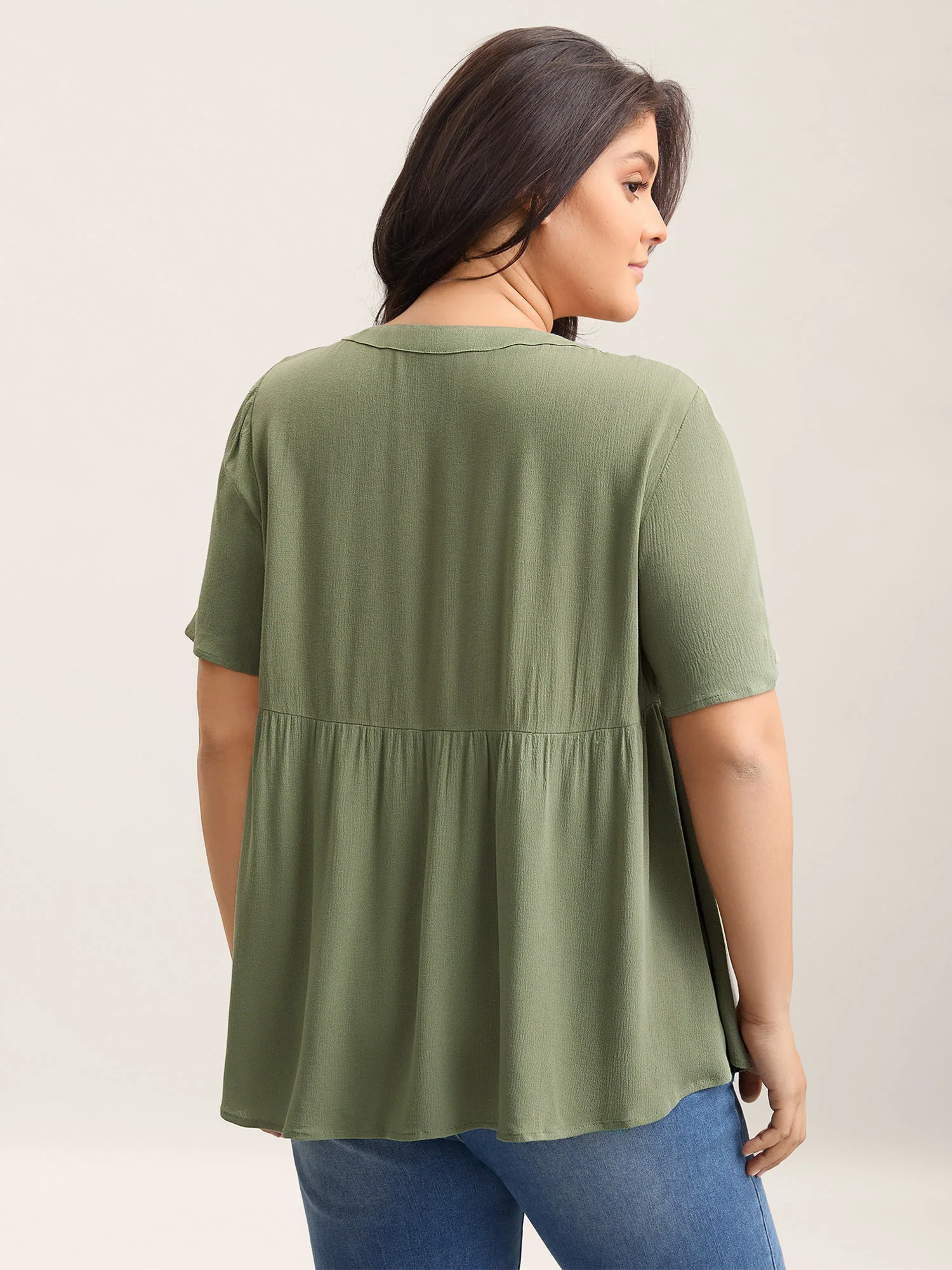 Textured Button Placket V-Neck Shirt - Image 2