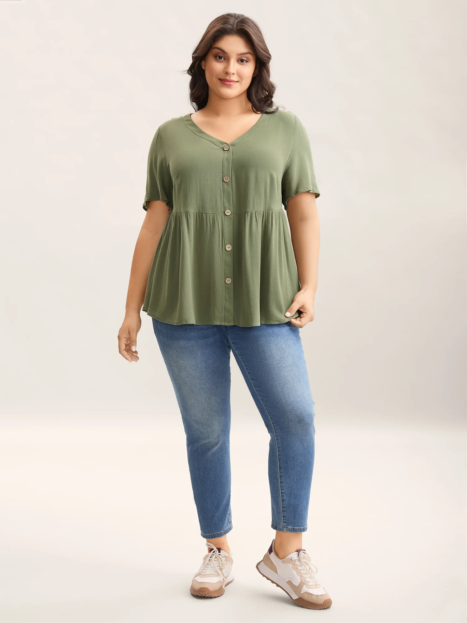 Textured Button Placket V-Neck Shirt - Image 3