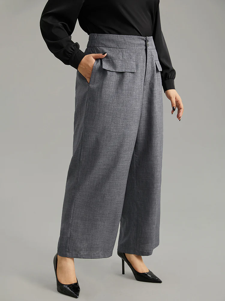 Textured Button Up Flap Detail Wide Leg Pants - Image 3