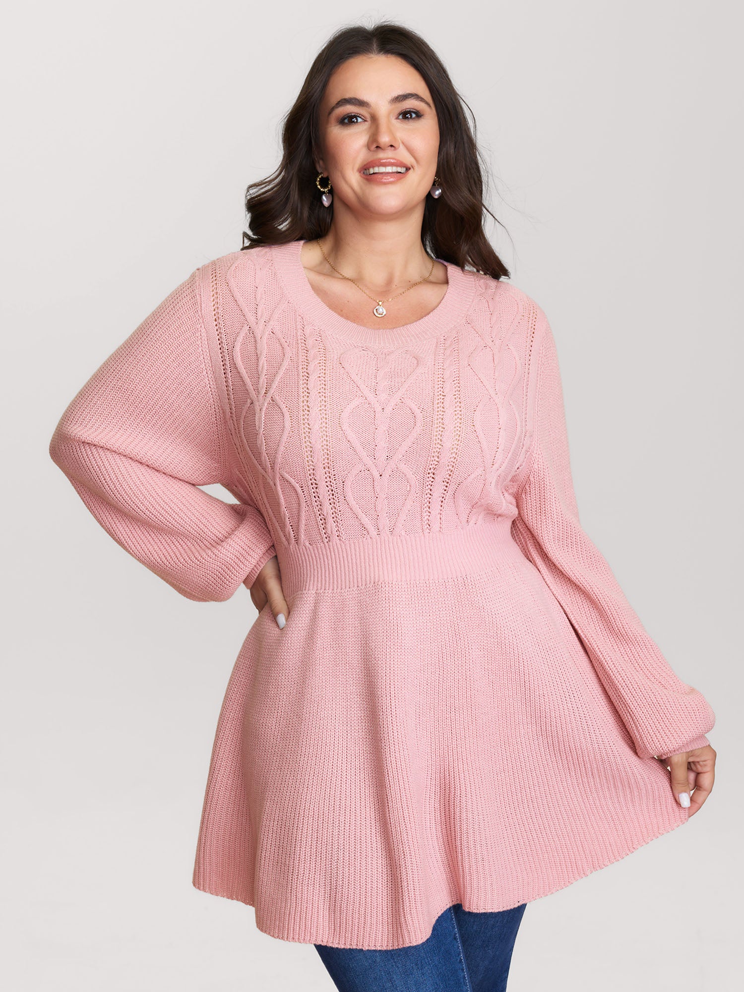 Textured Cable-Knit Waist Cinched Pullover