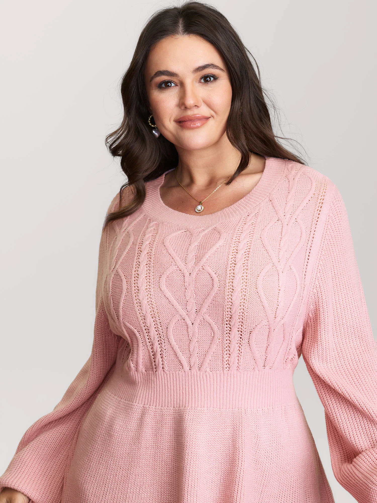 Textured Cable-Knit Waist Cinched Pullover - Image 2