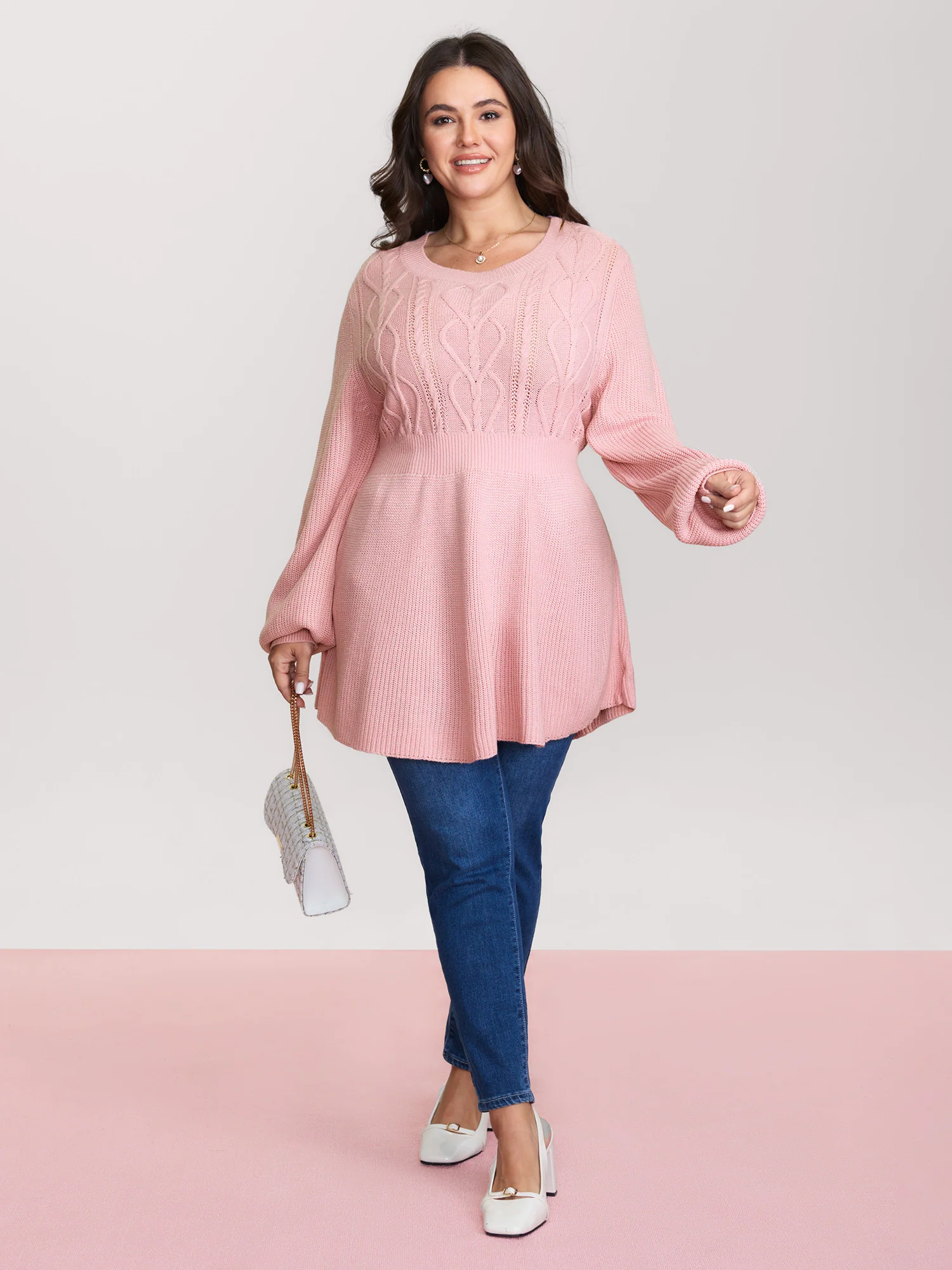 Textured Cable-Knit Waist Cinched Pullover - Image 3