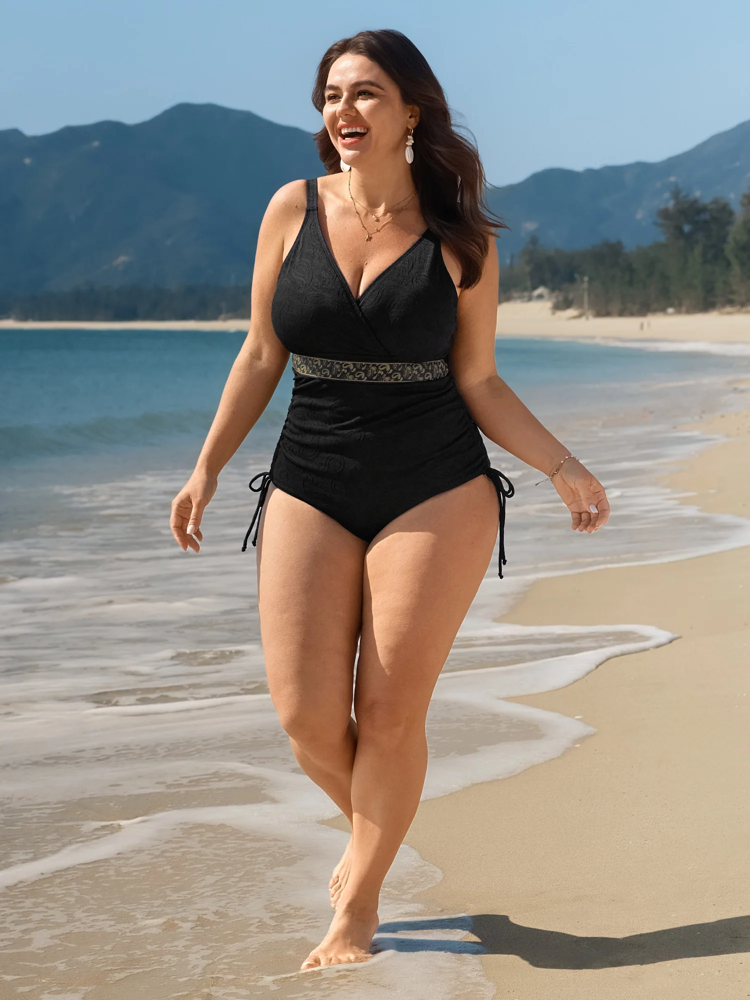 Textured Channel Drawstring One-Piece Swimsuit - Image 3