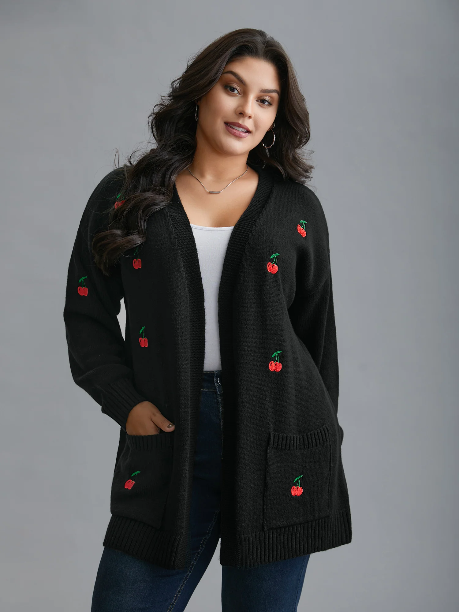 Textured Cherry Embroidery Pocket Pullover - Image 3