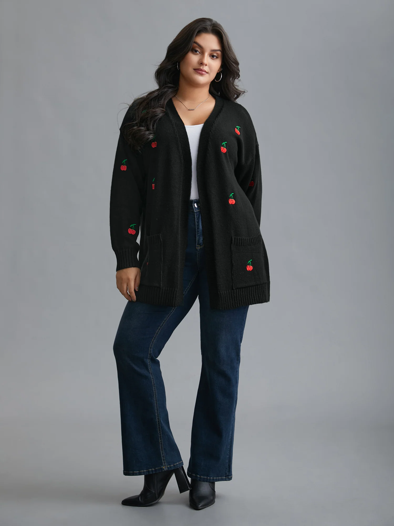 Textured Cherry Embroidery Pocket Pullover - Image 4