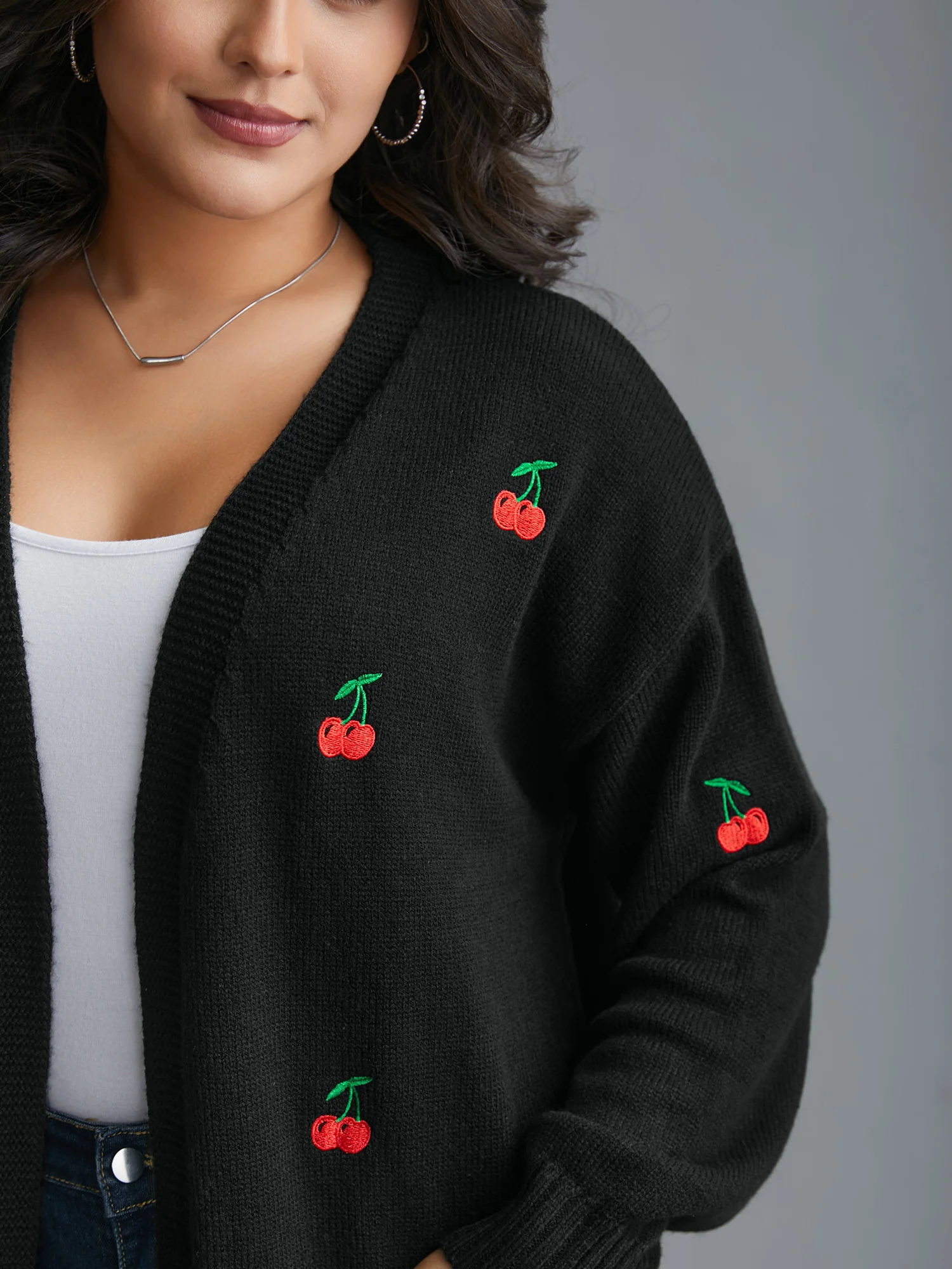 Textured Cherry Embroidery Pocket Pullover - Image 5