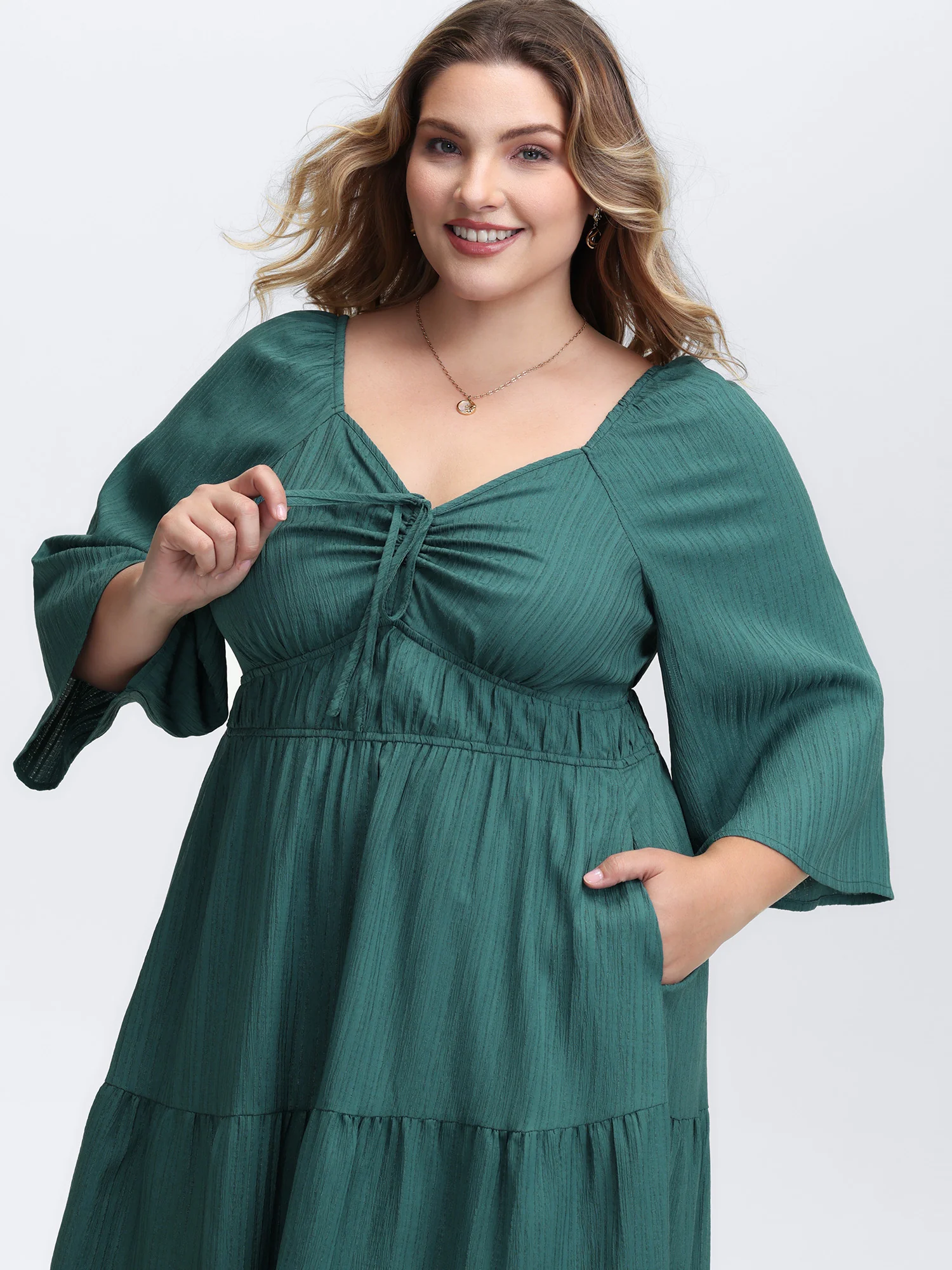 Textured Chest Drawstring Three Quarter Sleeve Midi Dress - Image 2