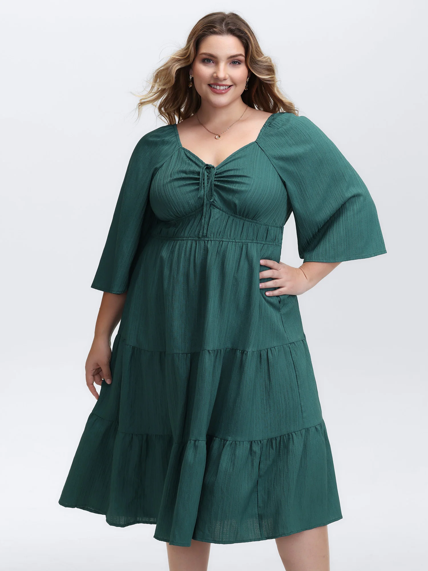 Textured Chest Drawstring Three Quarter Sleeve Midi Dress - Image 3