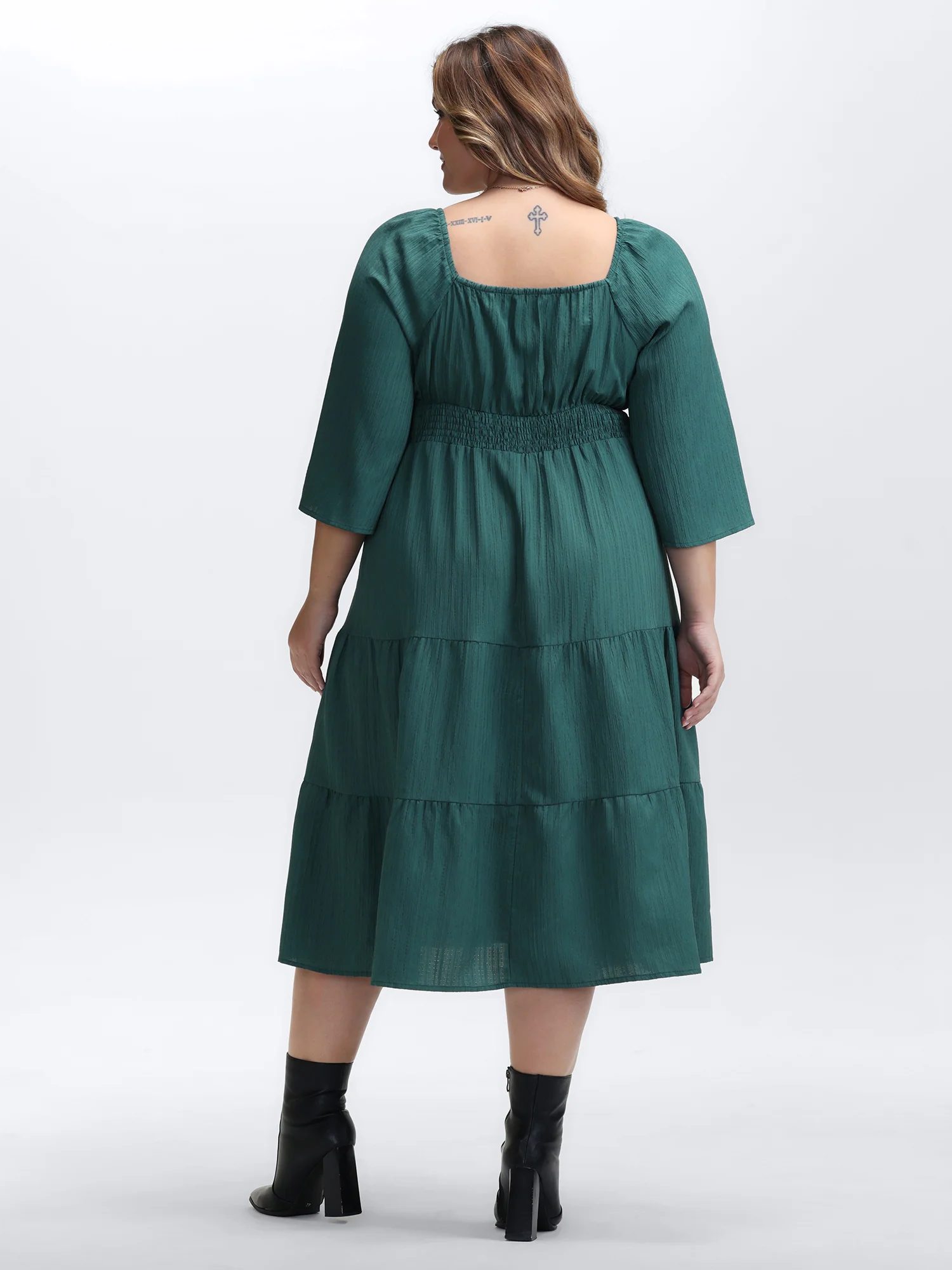 Textured Chest Drawstring Three Quarter Sleeve Midi Dress - Image 4