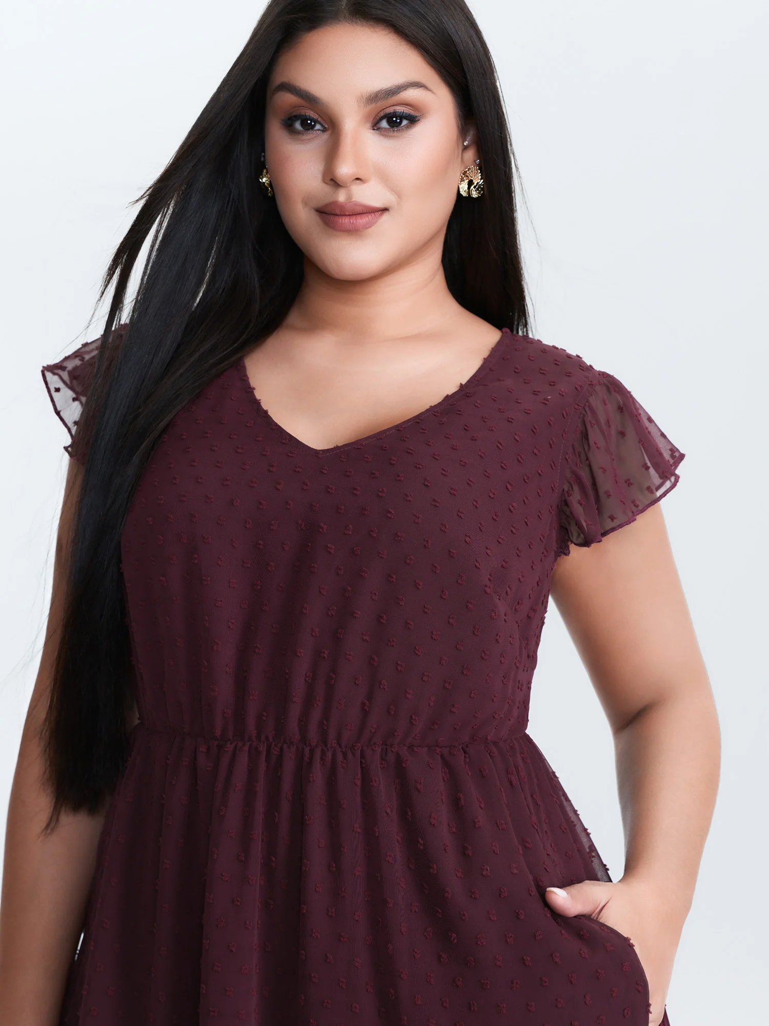 Textured Chiffon Flutter Sleeve Midi Dress - Image 2