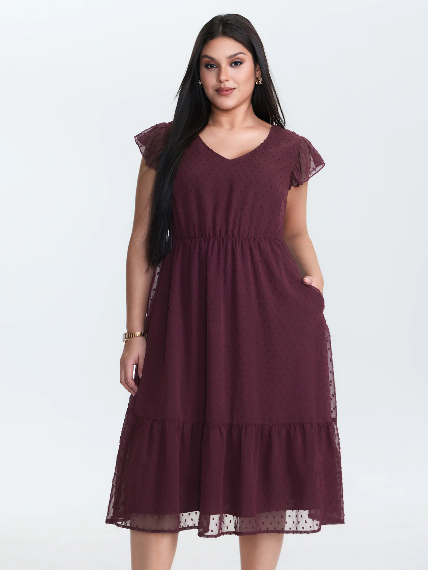 Textured Chiffon Flutter Sleeve Midi Dress - Image 3